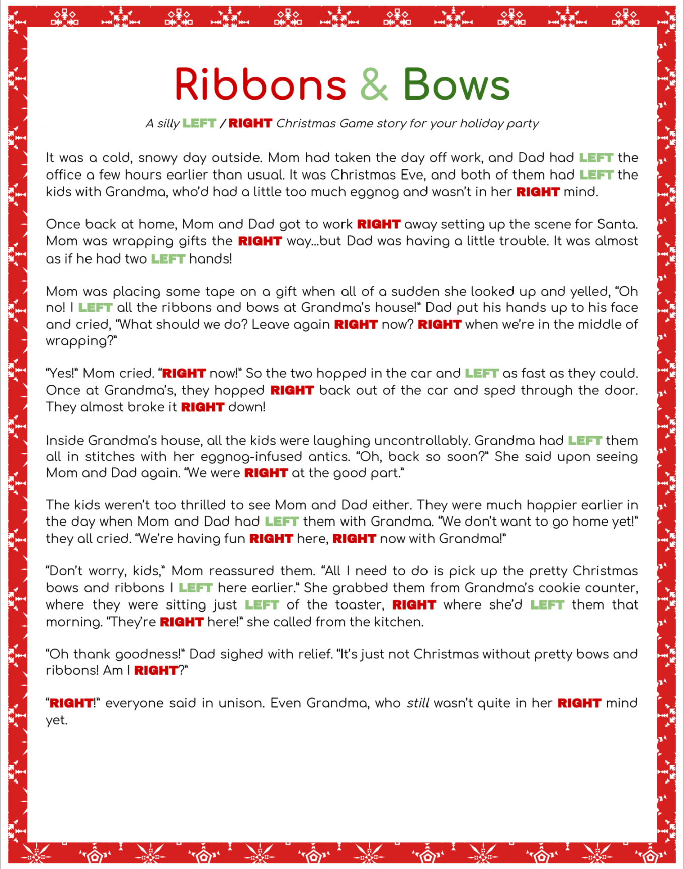 Best Printable Left-Right Rudolph Game - printablee