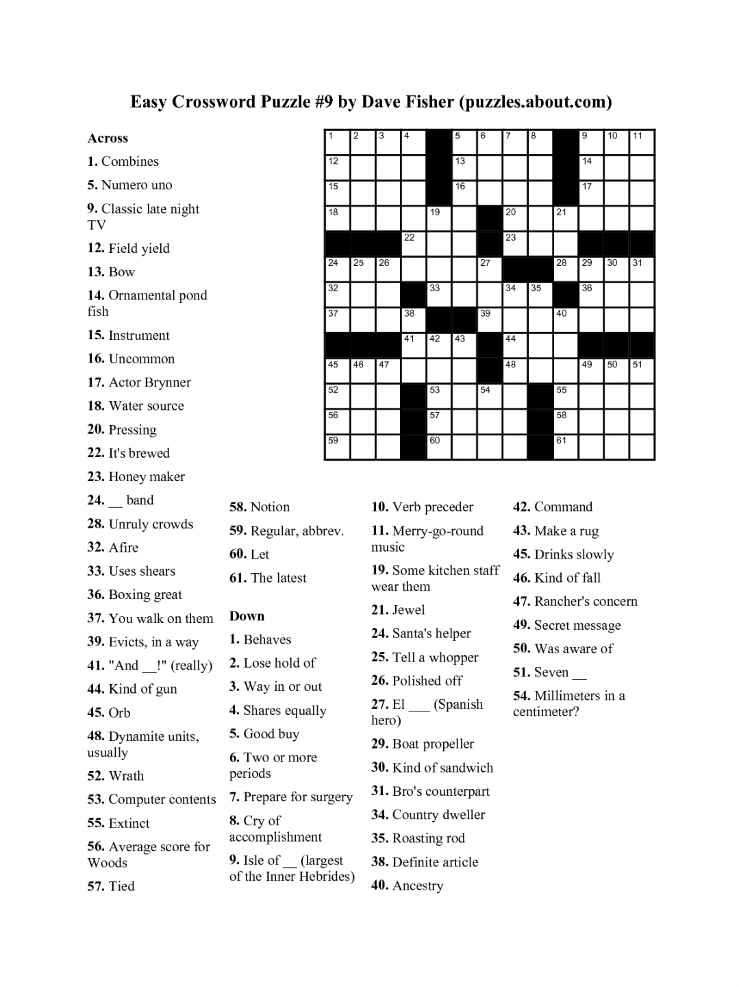 Easy Crossword Puzzle _ by Dave Fisher _puzzlesaboutcom_ by