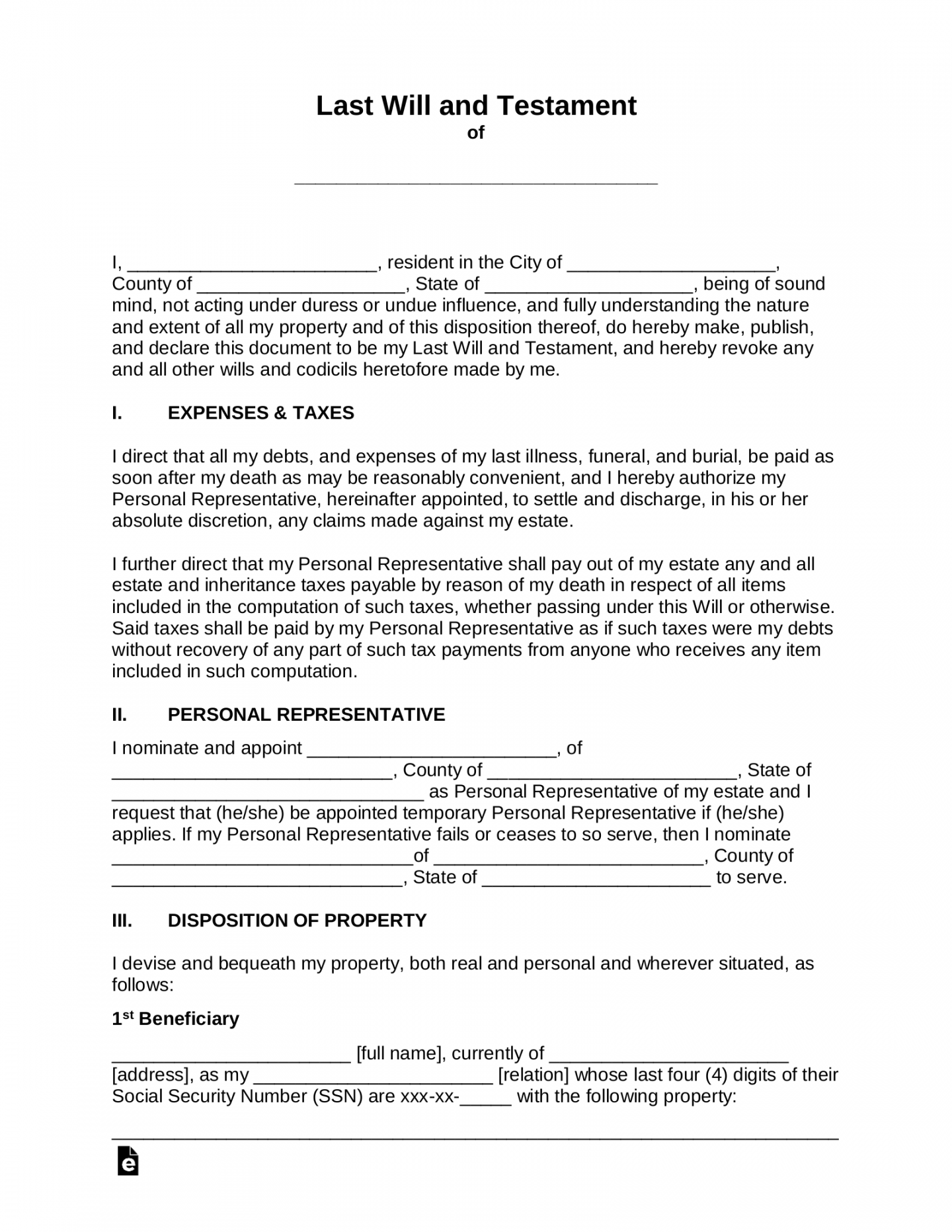 Free Last Will and Testament Template  Or simply a 