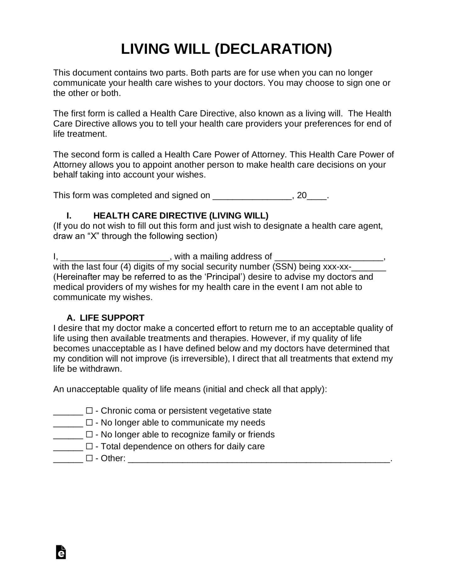 Free Living Will Form (Health Care Directive) - PDF  Word – eForms