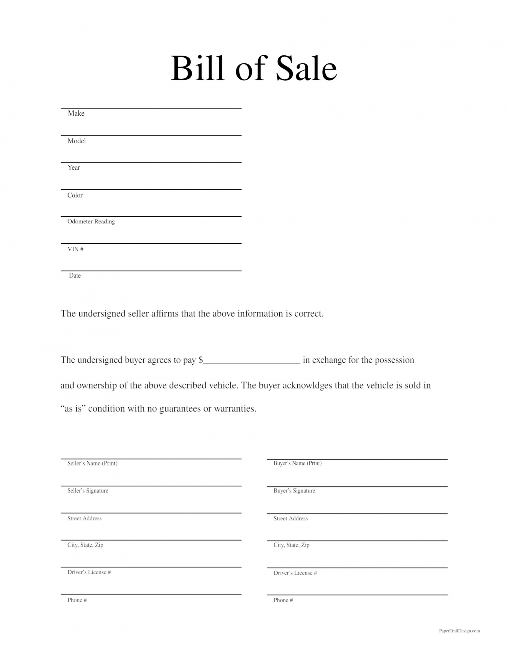 Free Printable Bill of Sale Template - Paper Trail Design