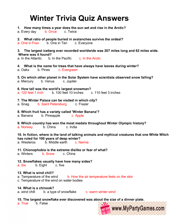 Free Printable Winter Trivia Quiz with Answers  Quizzes and