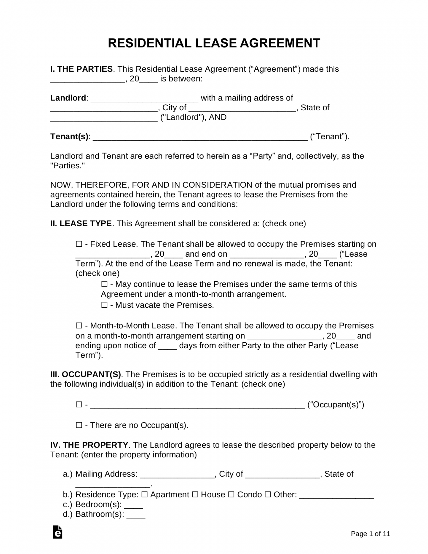 Free Rental / Lease Agreement Templates () - PDF  Word – eForms