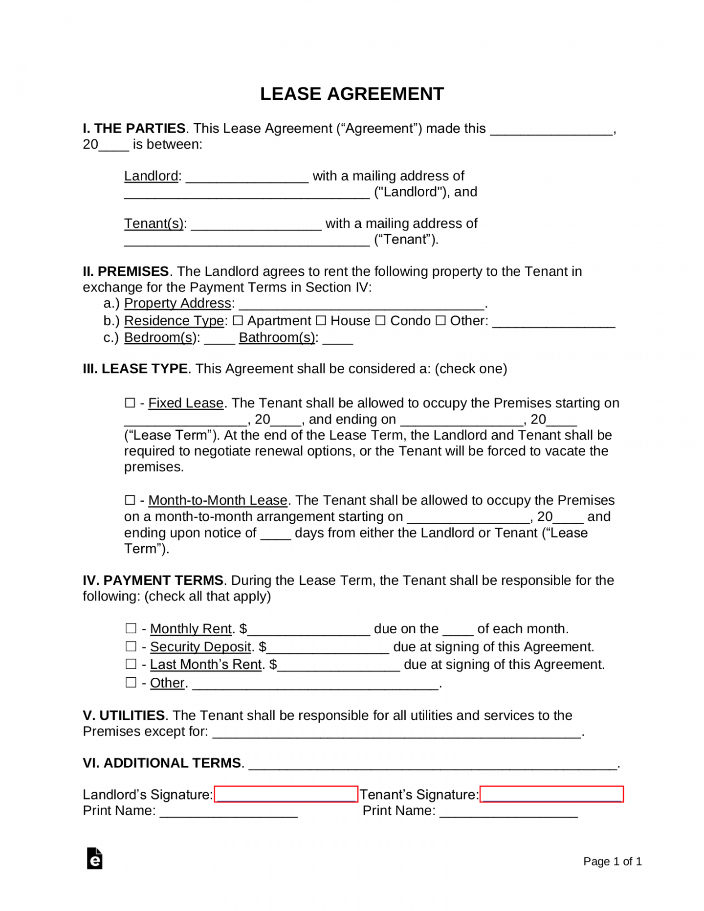 Free Simple -Page Lease Agreement Template  Sample - PDF  Word