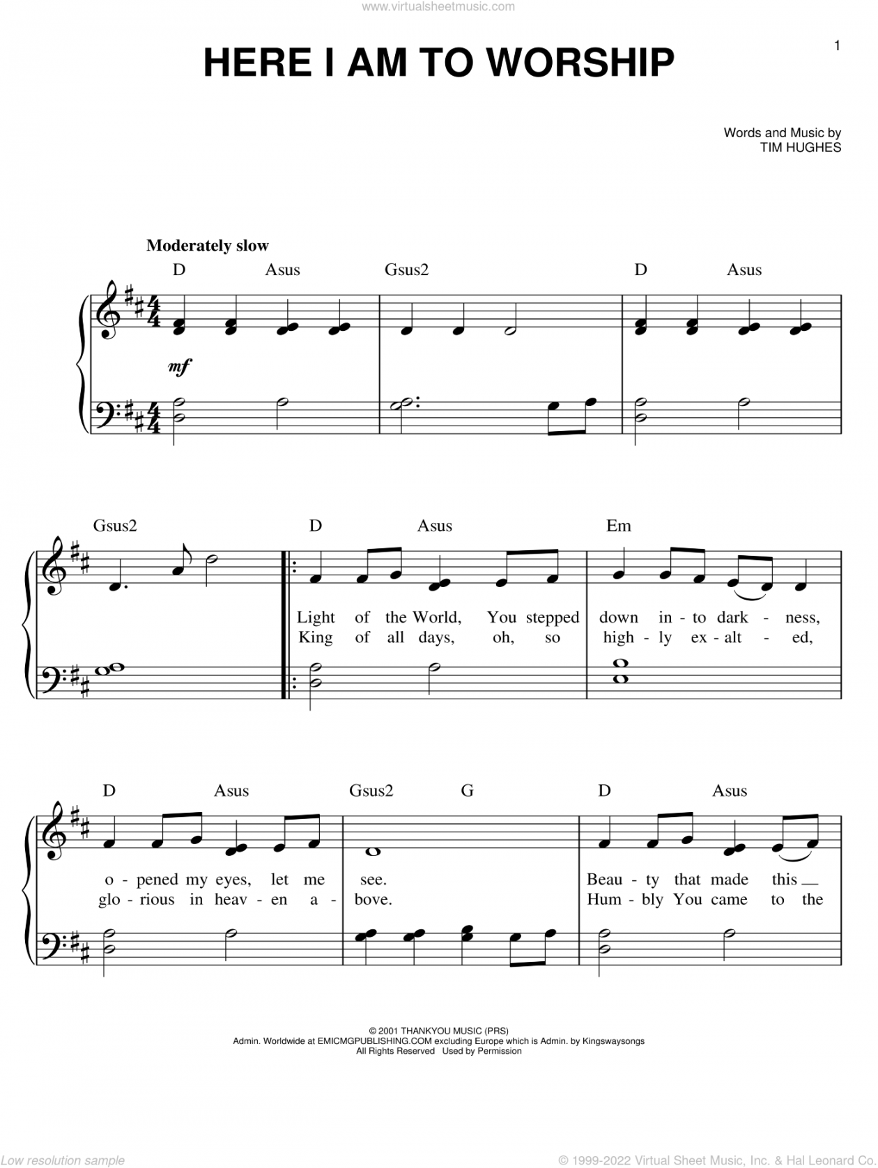Here I Am To Worship sheet music (easy version ) for piano solo