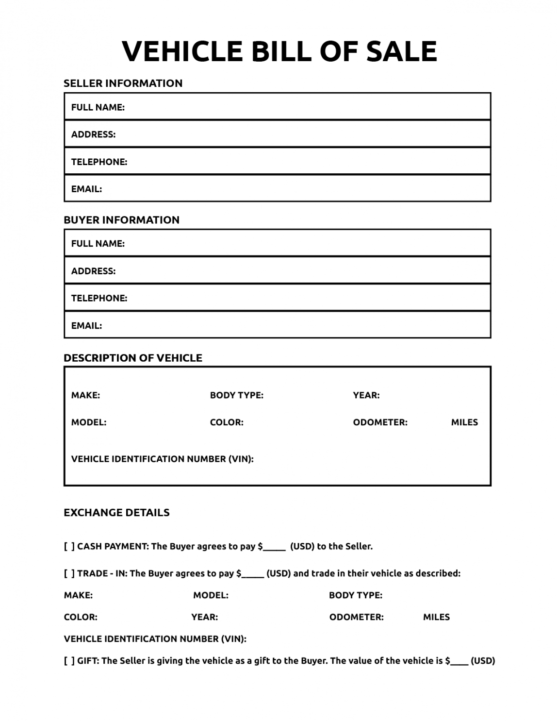 Printable Bill of Sale For Vehicle - World of Printables