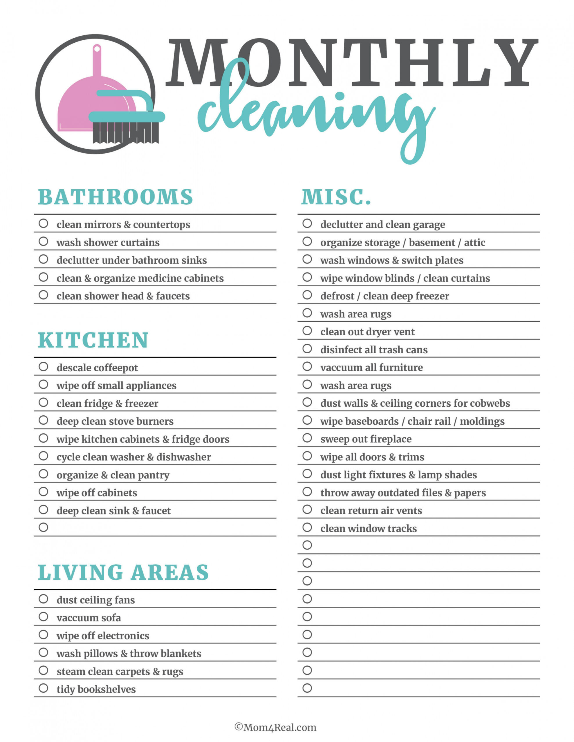 Printable Cleaning Checklists for Daily, Weekly and Monthly Cleaning