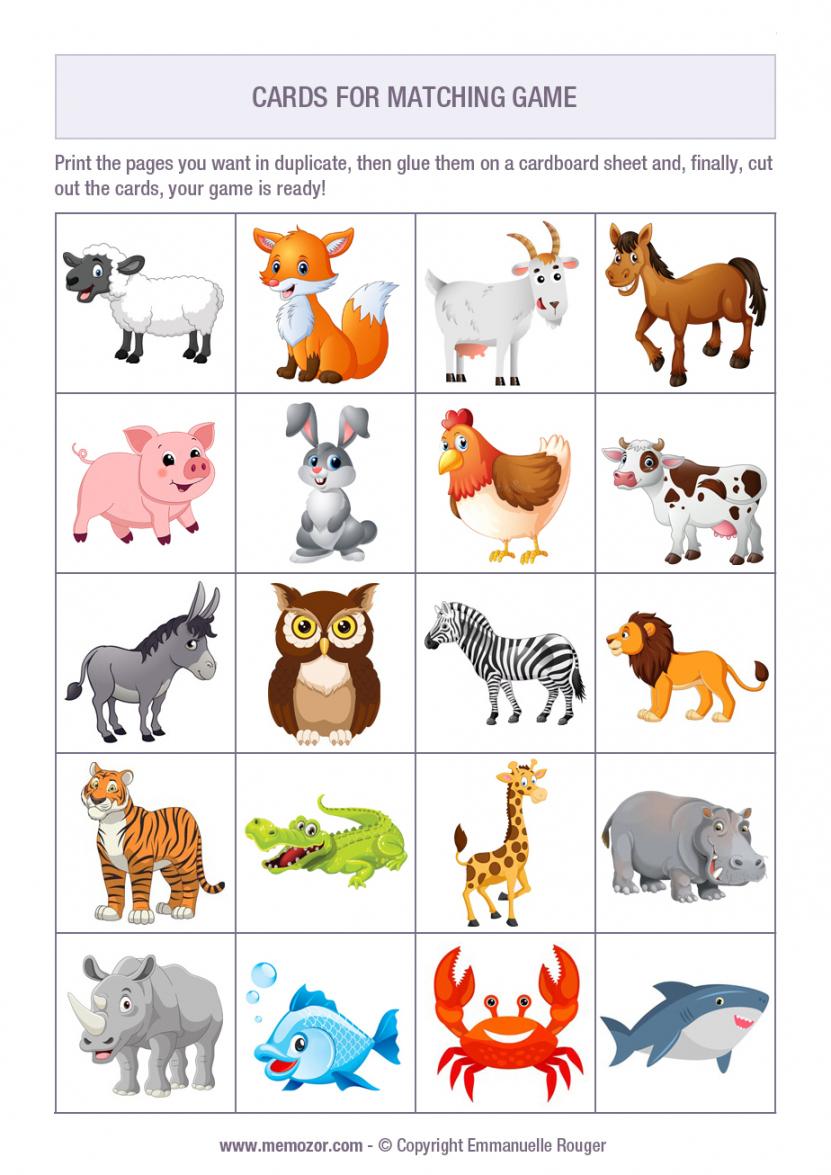 Printable Matching game - Animals Cards - Free  Memozor