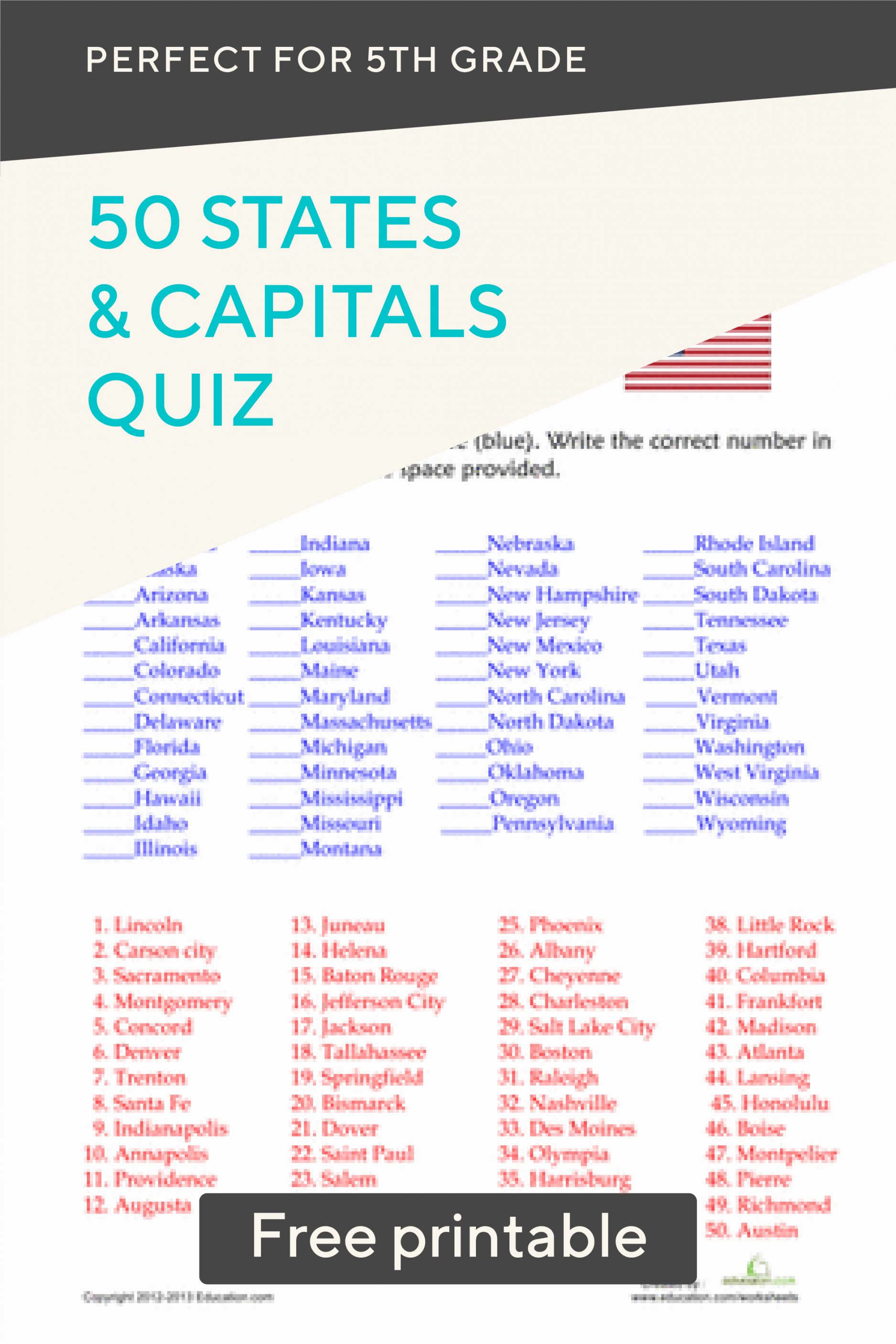 States and Capitals Quiz  Worksheet  Education