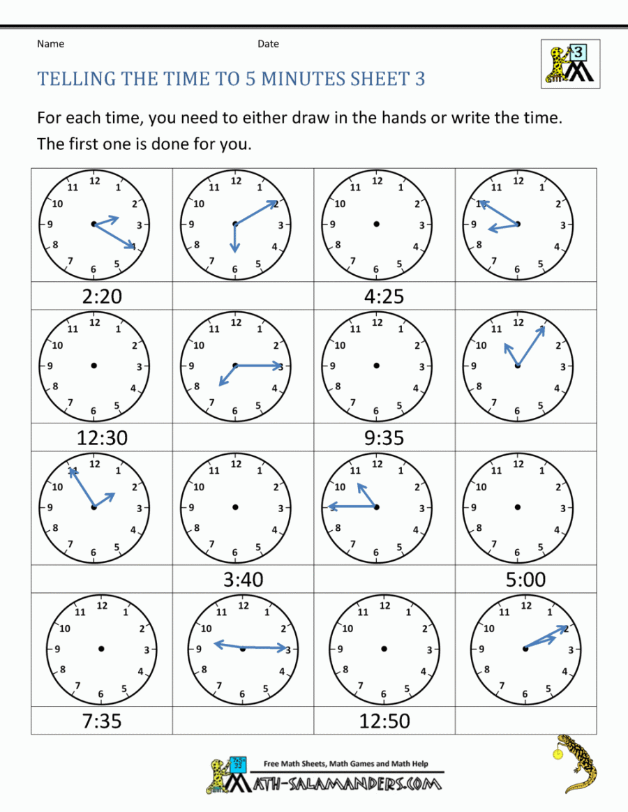 Telling Time to  minutes Worksheets
