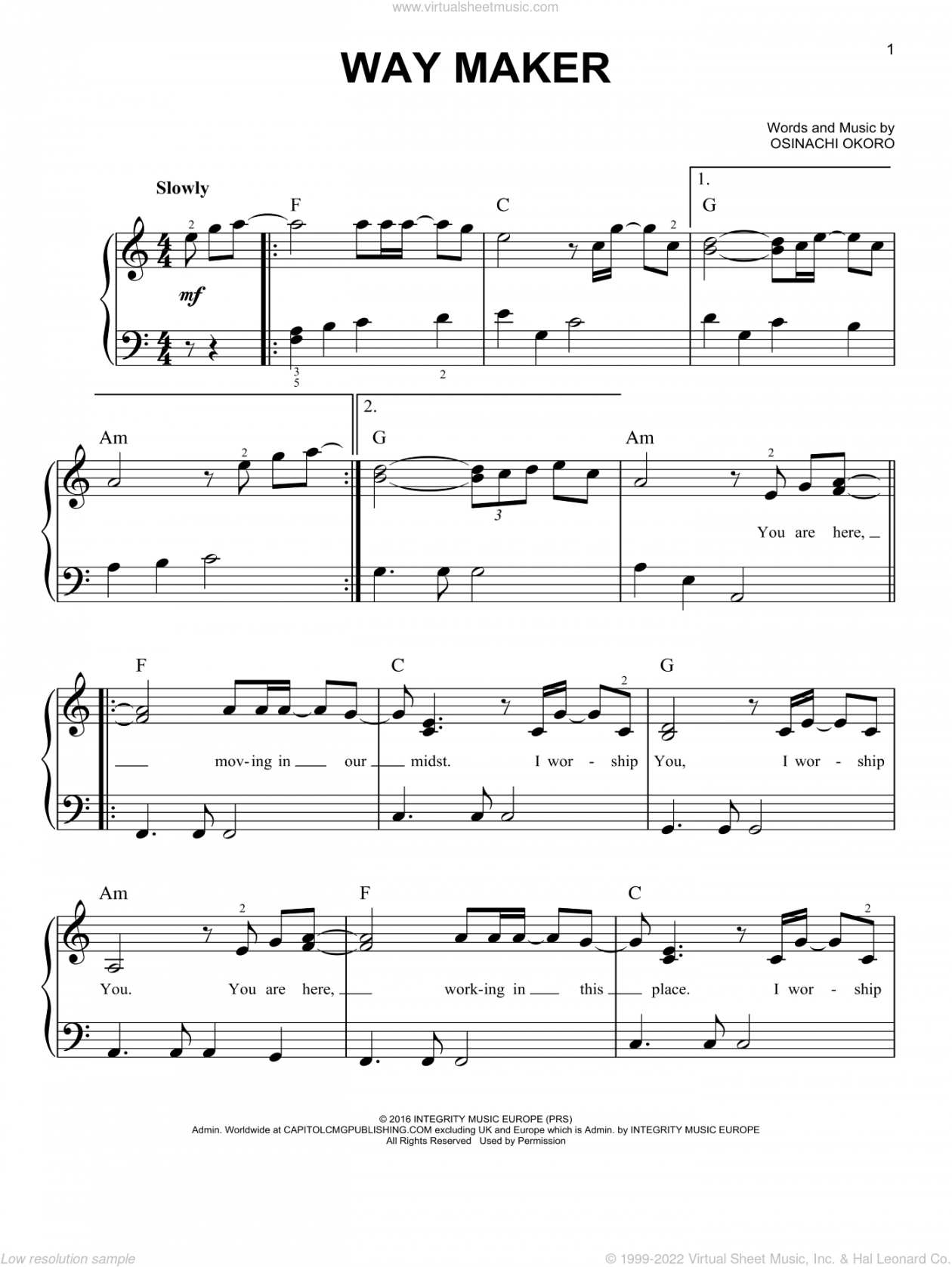 Way Maker sheet music for piano solo (PDF) v