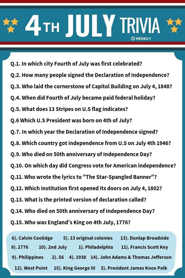 100+ Fourth Of July Trivia Questions &amp;amp; Answers - Meebily | Fourth throughout Free Printable 4th of July Trivia Questions and Answers