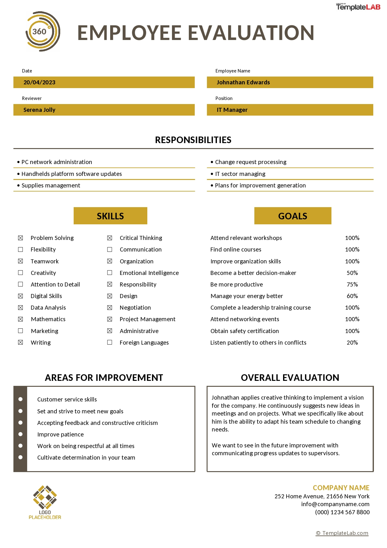12 Perfect Employee Evaluation Templates [Free] - Templatelab with Free Employee Evaluation Forms Printable