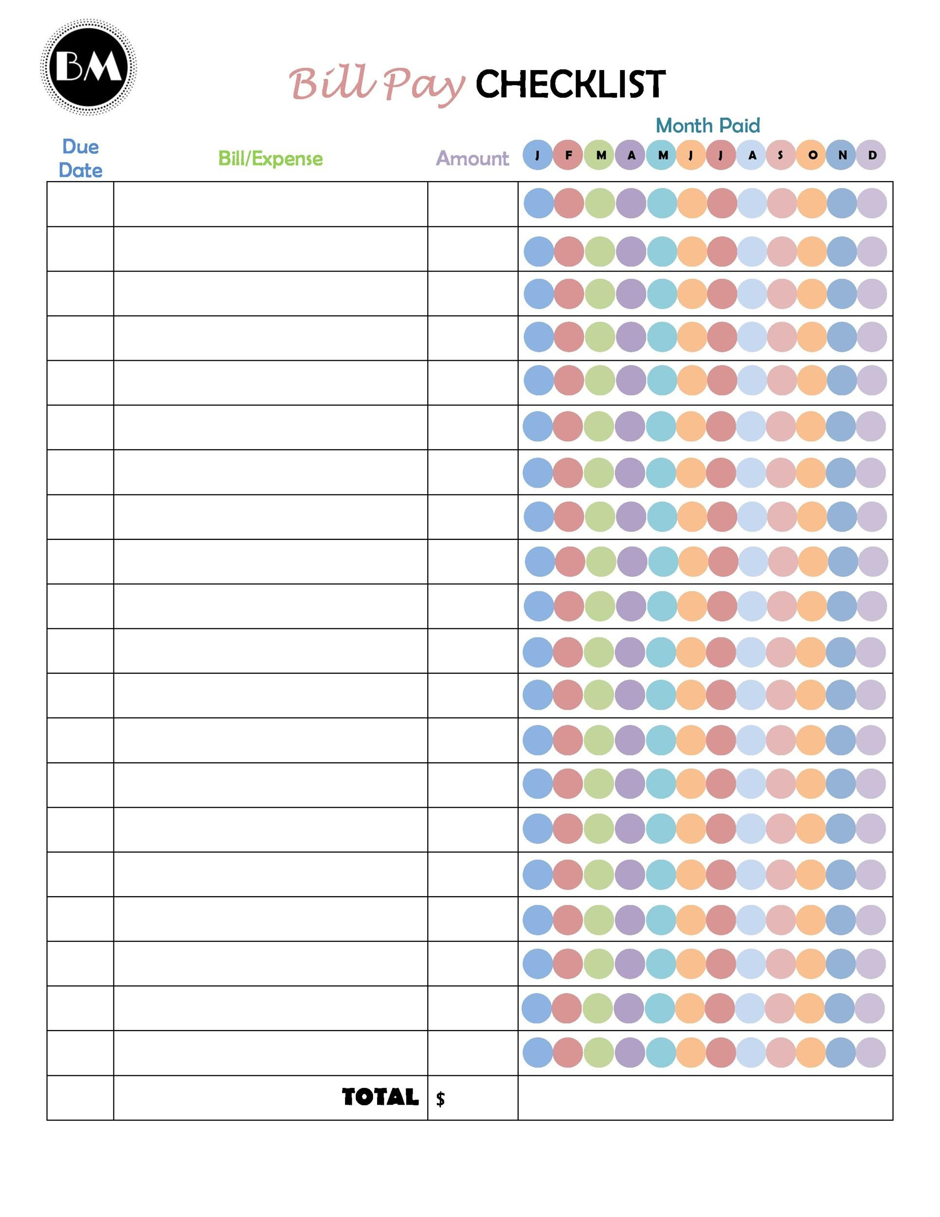 20 Free Bill Pay Checklists &amp;amp; Bill Calendars (Pdf, Word &amp;amp; Excel regarding Free Printable Bill Checklist