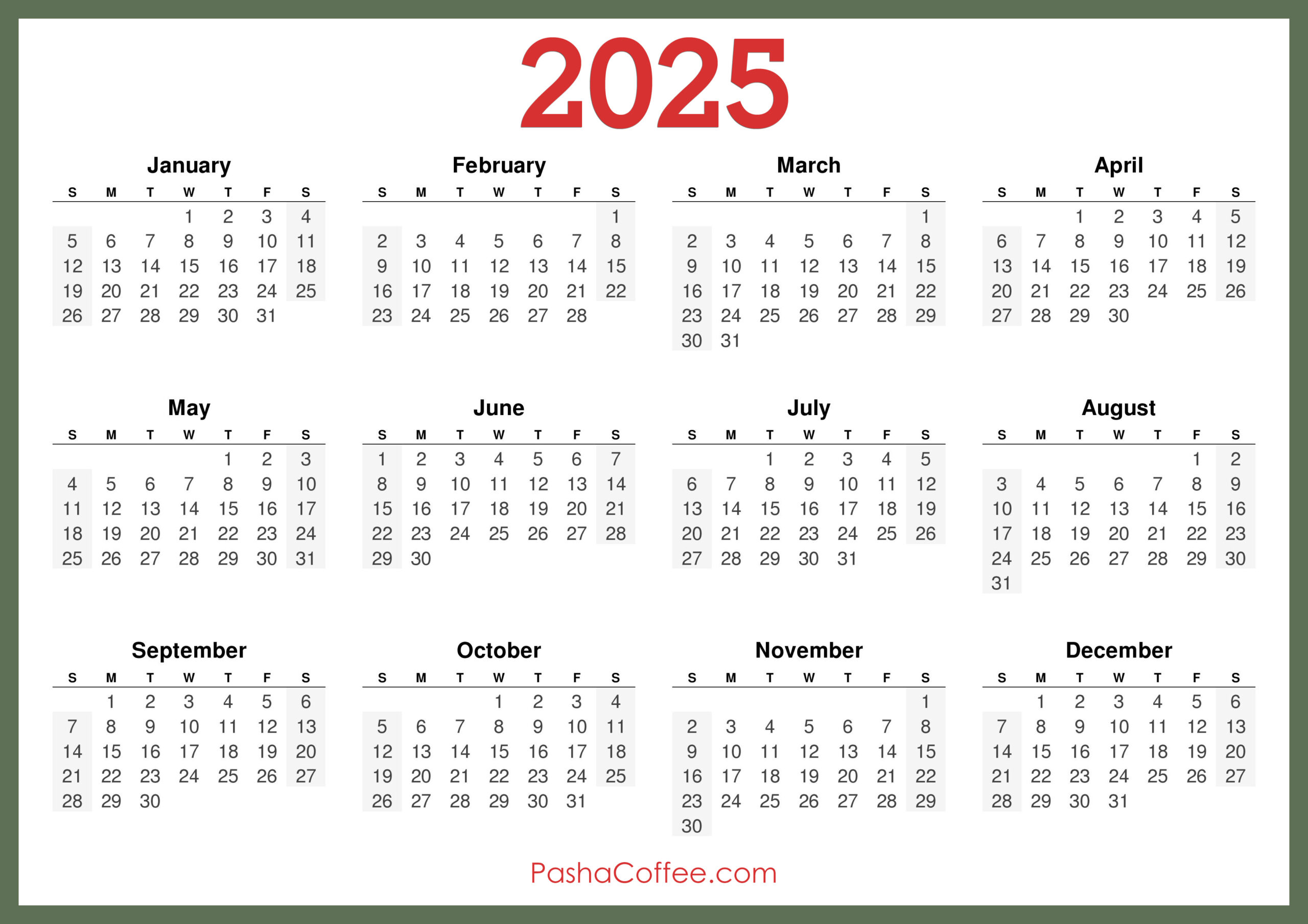 2025 Calendar Printable Free, Horizontal, Green – Pashacoffee throughout Free 2025 Printable