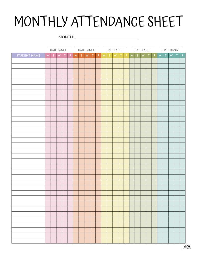 Attendance Sheets - 52 Free Printables | Printabulls | Attendance within Free Printable Attendance Sheets