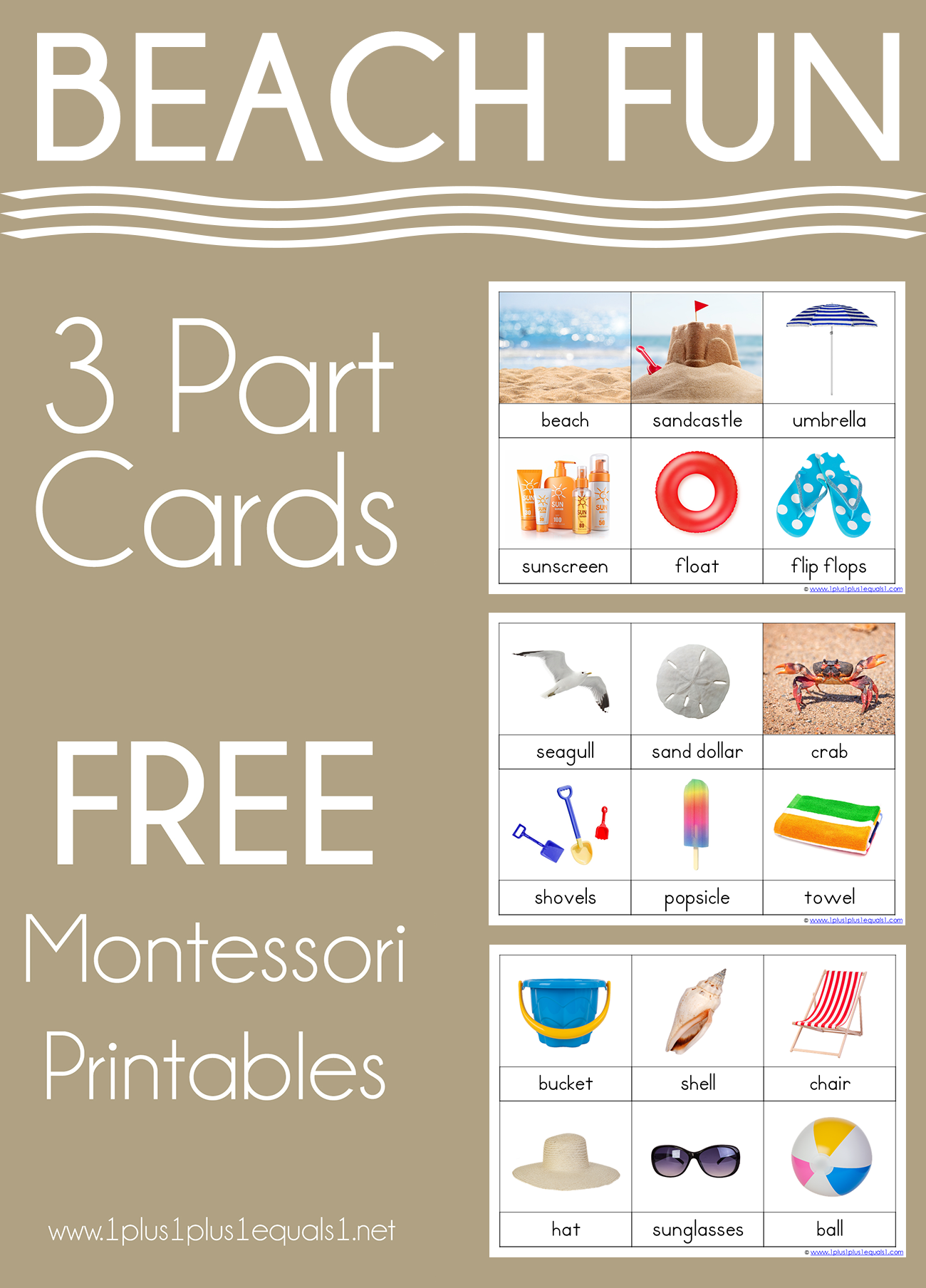 Beach Montessori Printables - Free 3 Part Cards - 1+1+1=1 for Free Montessori Printables