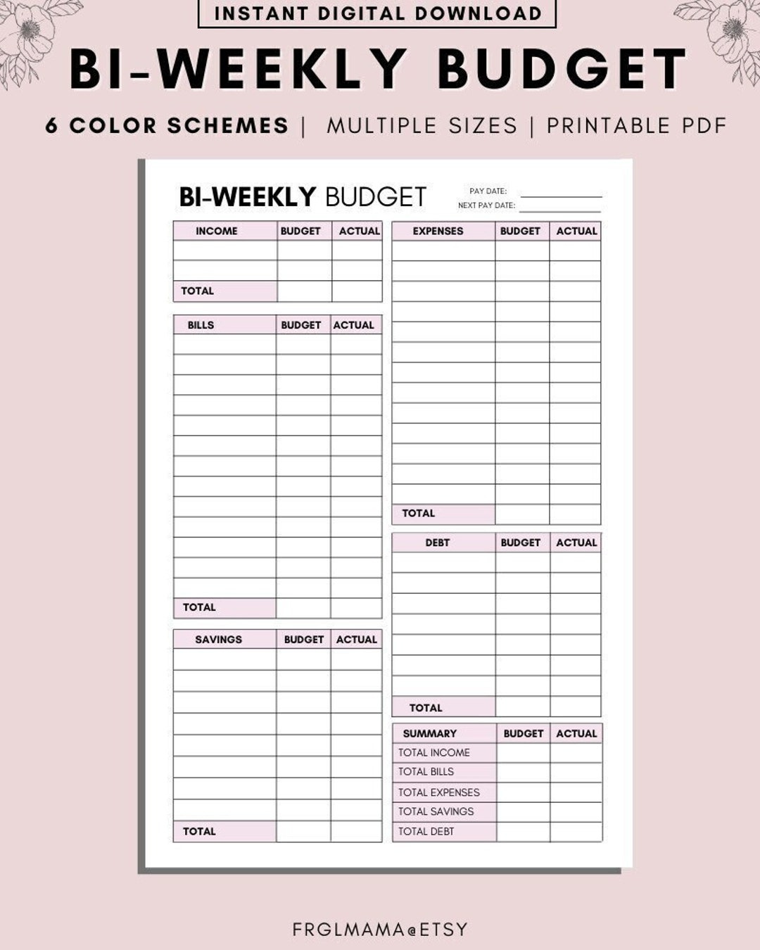 Bi-Weekly Budget Overview Template Printable, Paycheck Budget in Free Printable Bi Weekly Budget Template