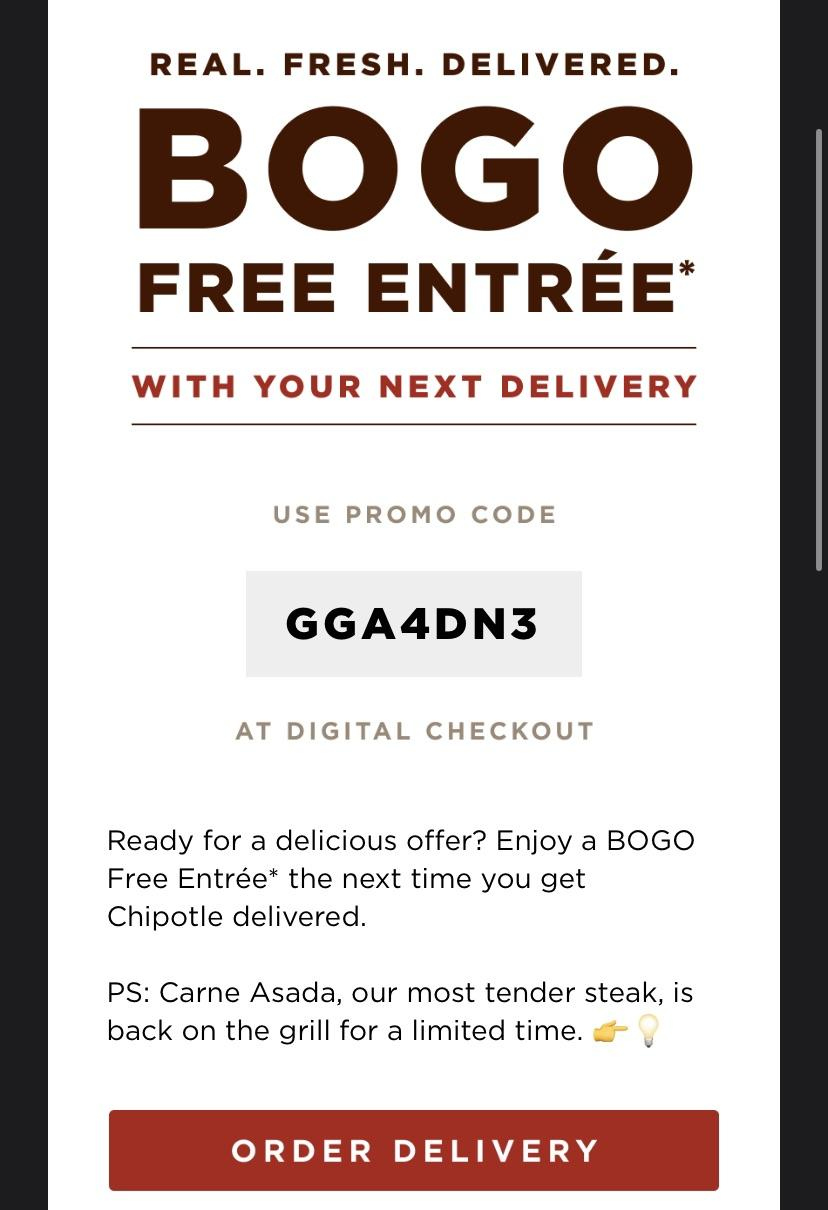 Bogo Delivery Code. Comment When Used. : R/Chipotle regarding Bogo Free Coupons Printable