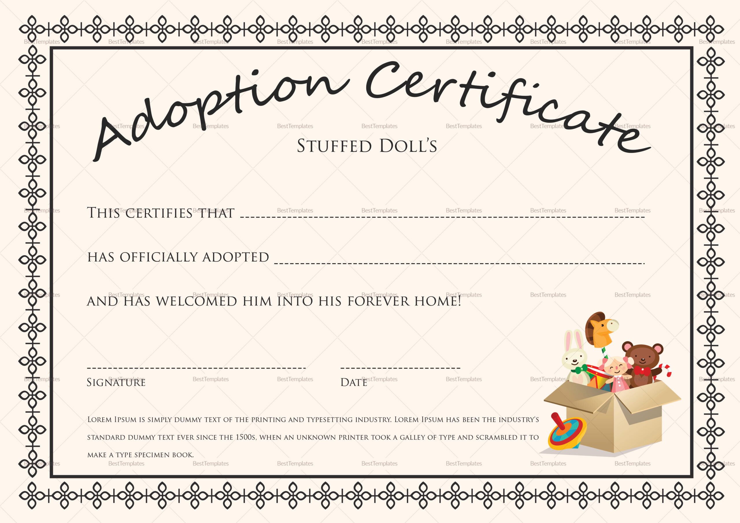 Doll Adoption Certificate Design Template In Psd, Word for Free Printable Adoption Certificate