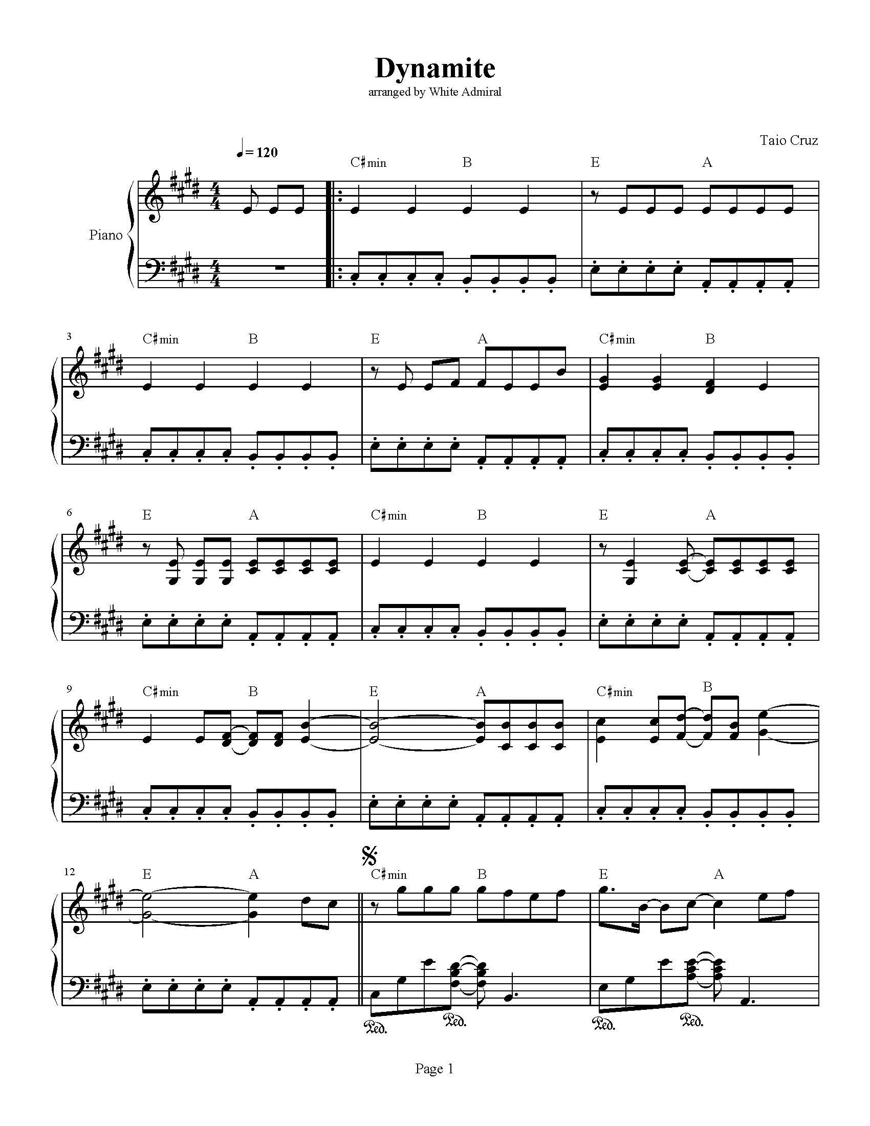 Dynamite - Taio Cruz | True Piano Transcriptions for Dynamite Piano Sheet Music Free Printable