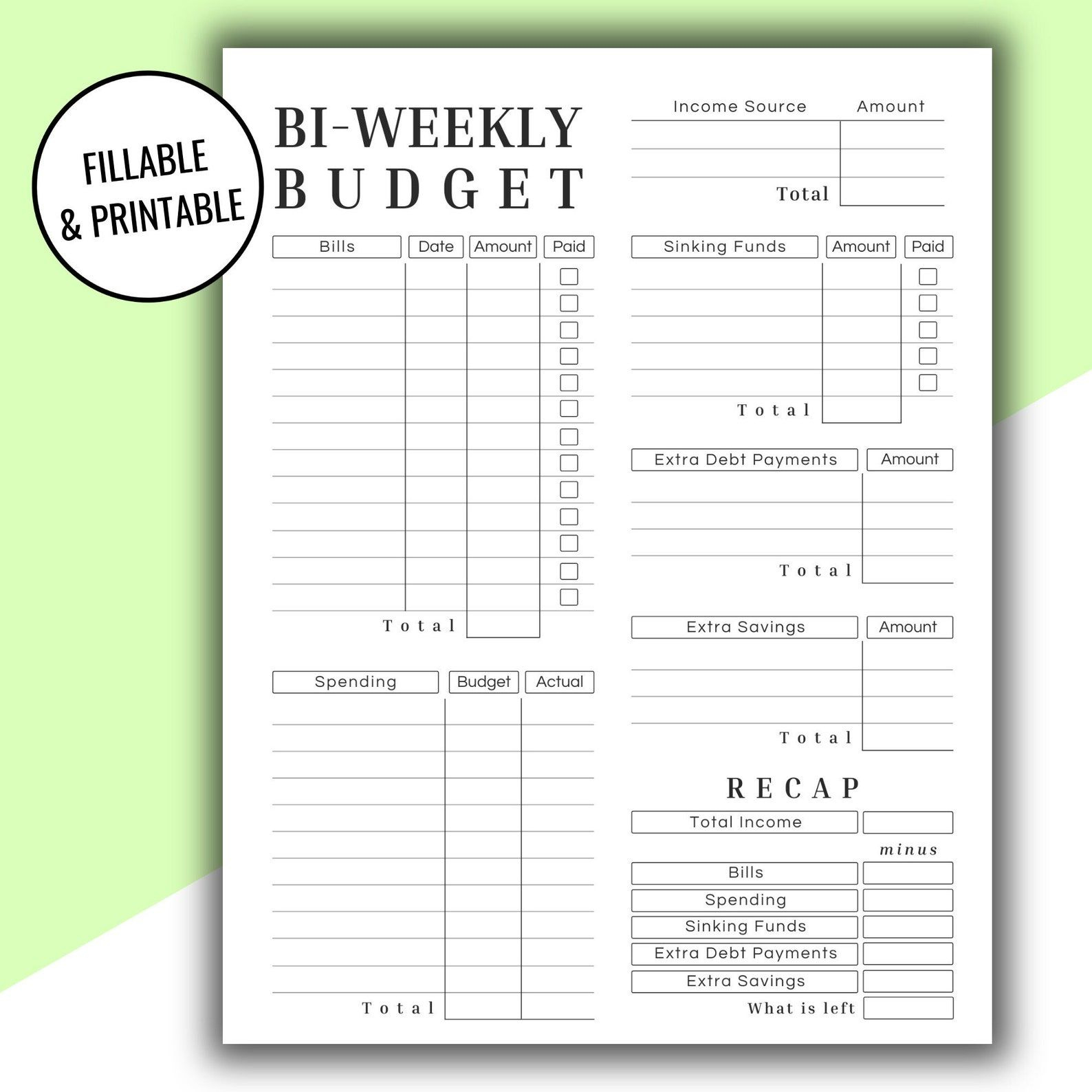 Editable &amp;amp; Printable Biweekly Budget Printout, Budgetpaycheck intended for Free Printable Bi Weekly Budget Template