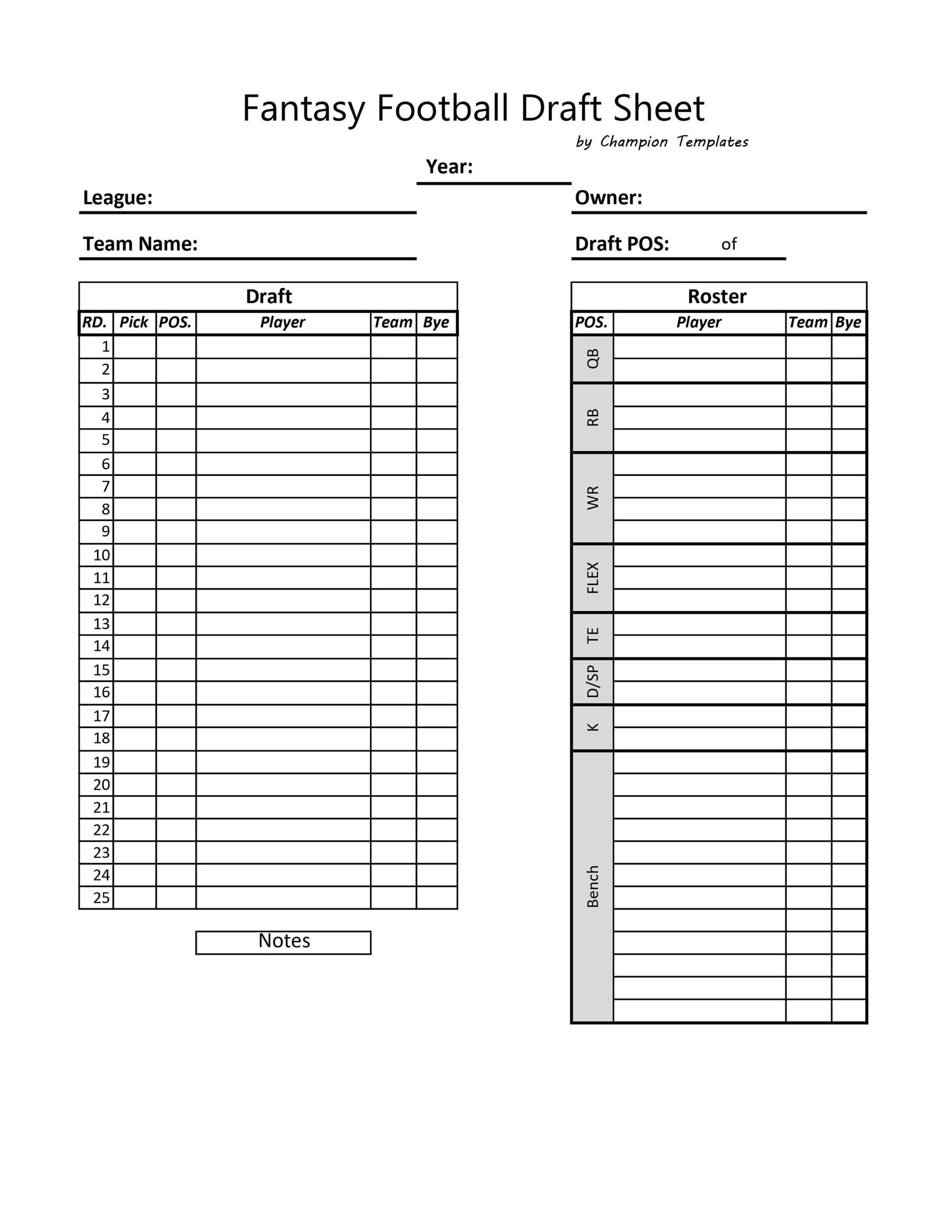 Fantasy Football Draft Day Sheet Template - Etsy Canada for Free Fantasy Football Printable Draft Sheets