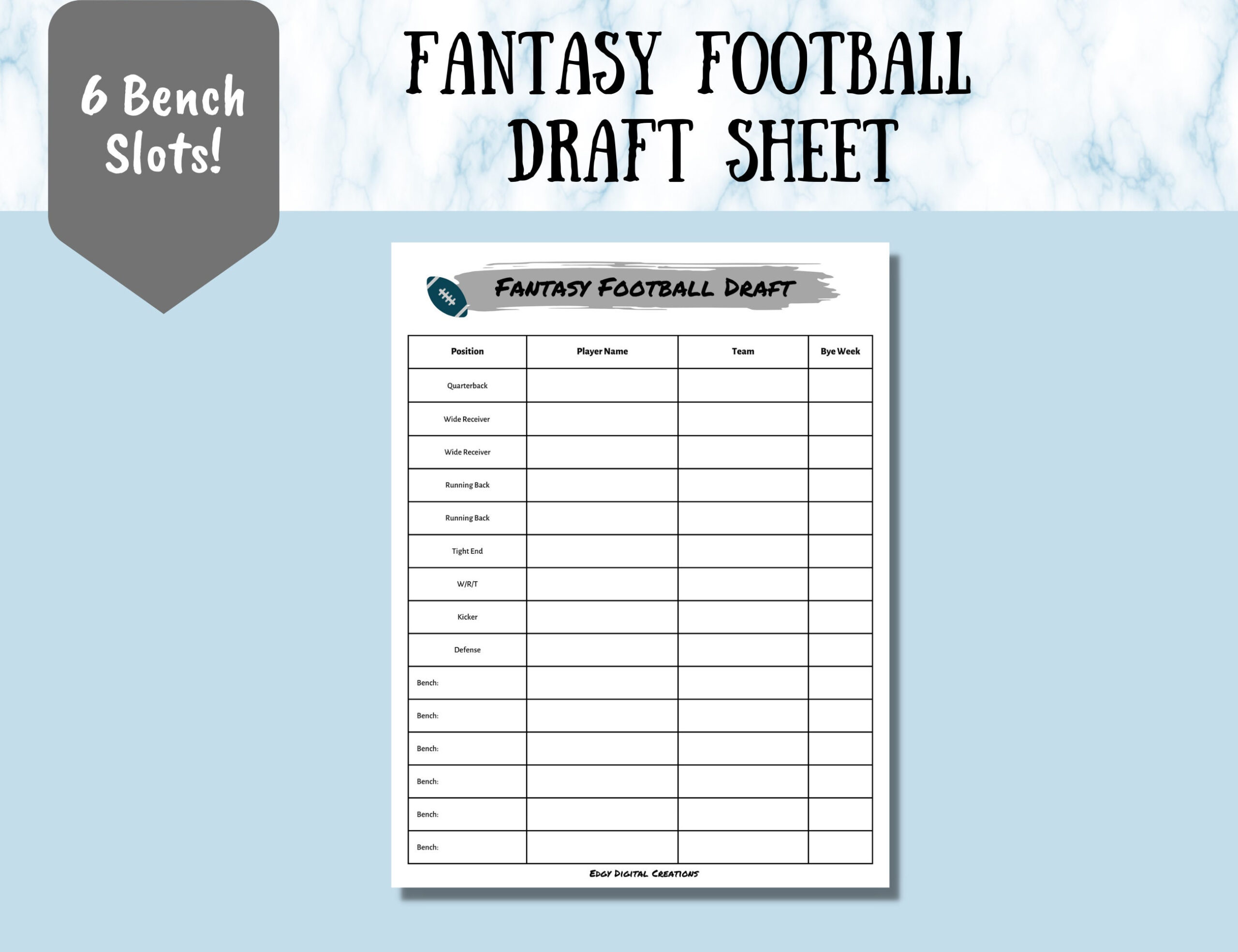 Fantasy Football Draft Sheet, Digital And Printable Draft Sheet throughout Fantasy Football Draft Sheets Printable Free