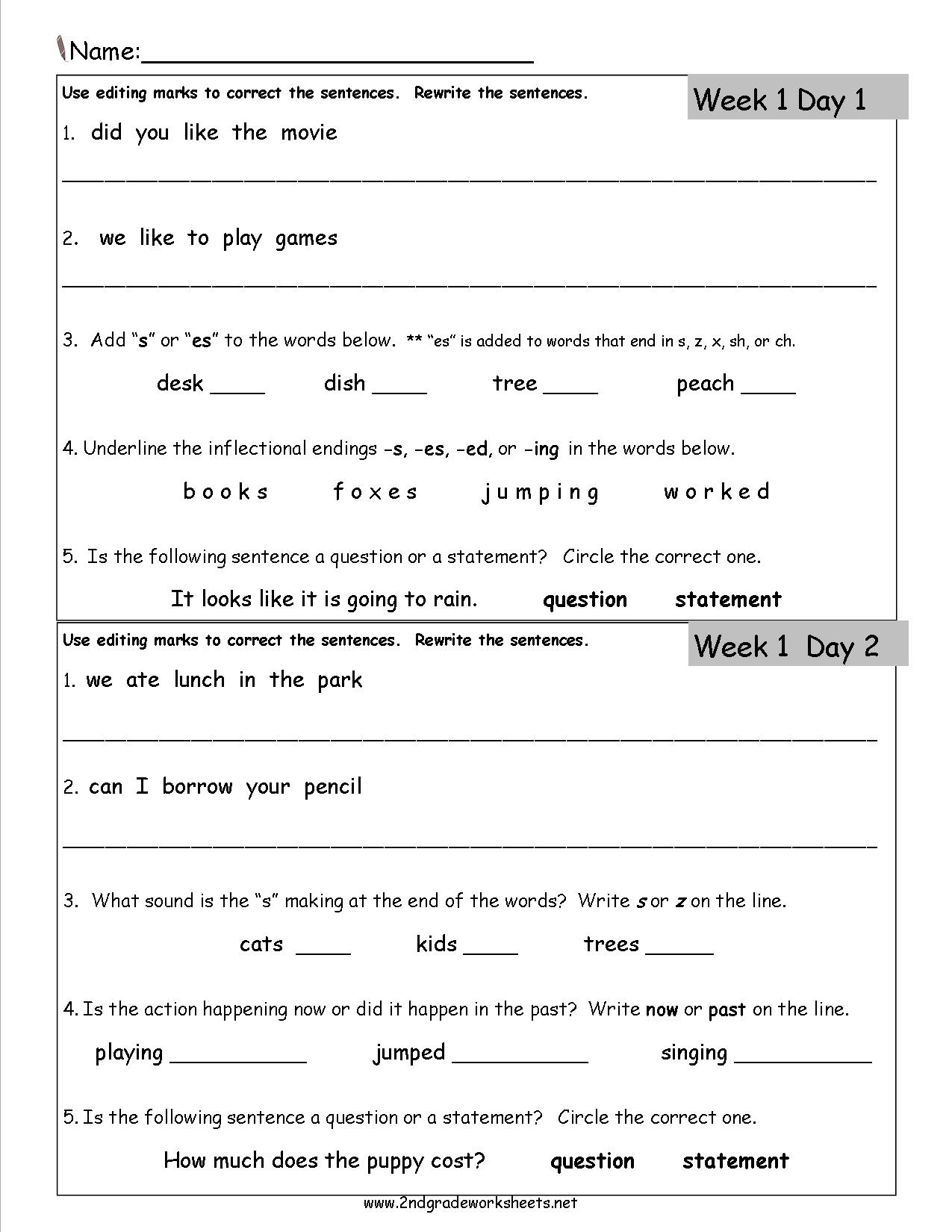 Free 2Nd Grade Daily Language Worksheets within Daily Language Review Grade 5 Free Printable