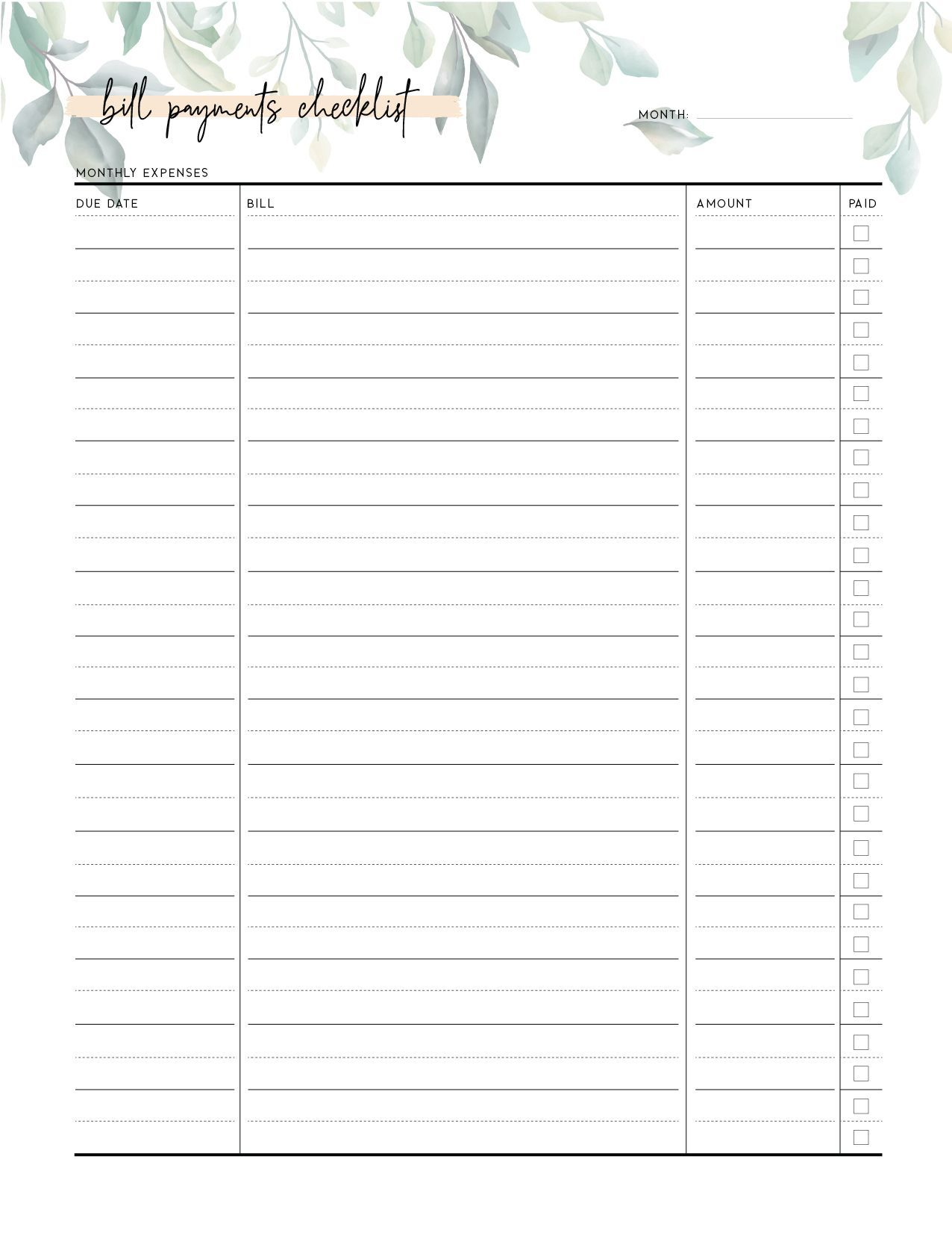 Free Bill Payment Checklist Pdf - World Of Printables | Bill for Free Printable Bill Checklist