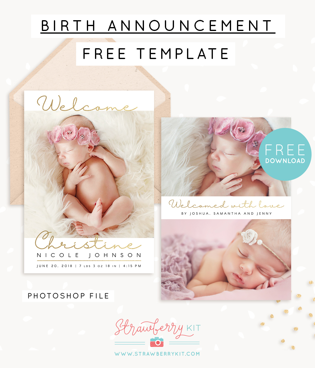 Free Birth Announcement Template For Photoshop – Strawberry Kit in Free Printable Baby Announcement Templates