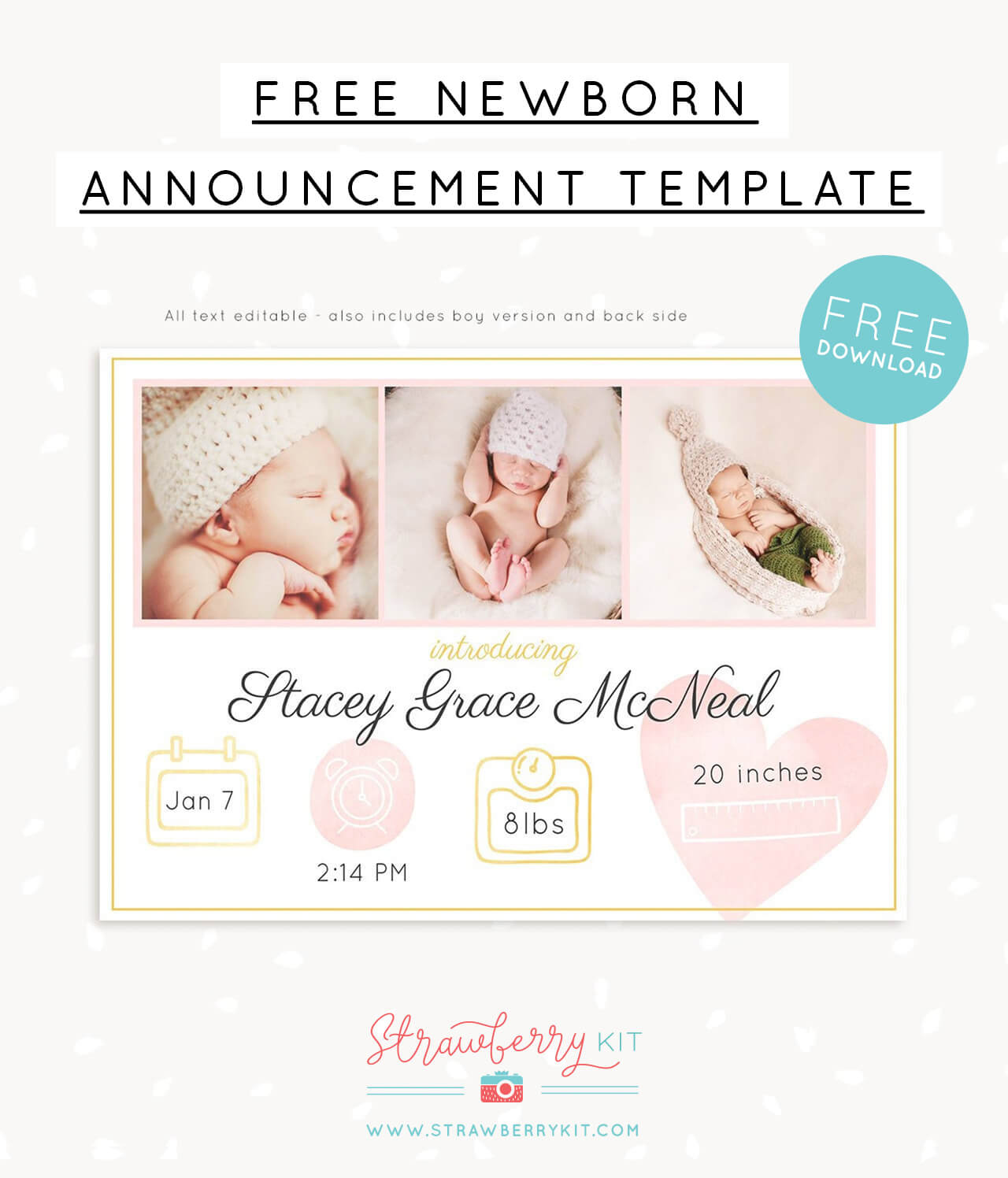 Free Birth Announcement Template For Photoshop – Strawberry Kit pertaining to Free Birth Announcements Printable