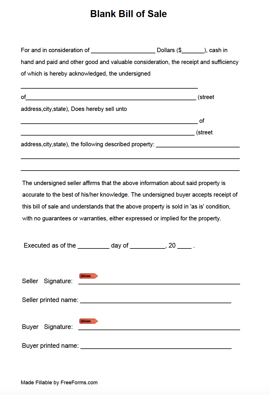 Free Blank Bill Of Sale Form | Pdf throughout Free Printable Bill of Sell