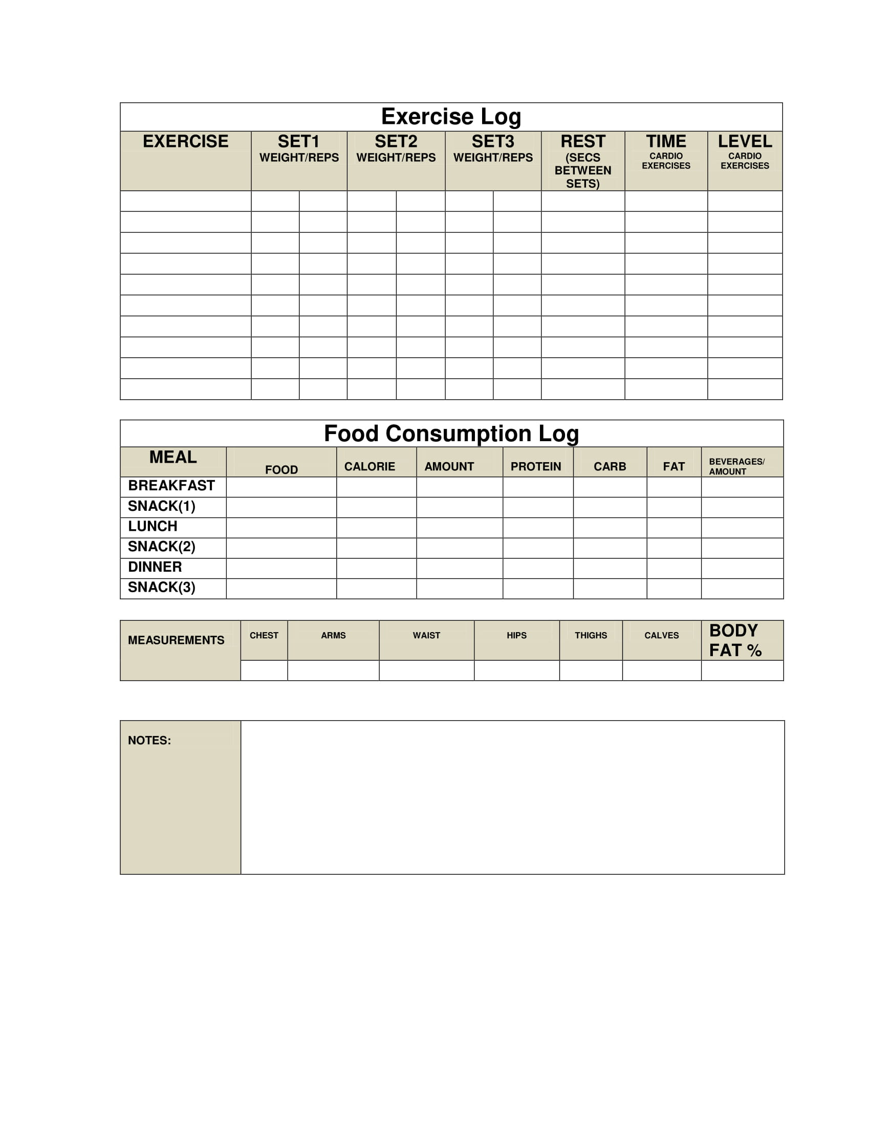 Free Exercise And Diet Log Sheet in Diet Logs Printable Free