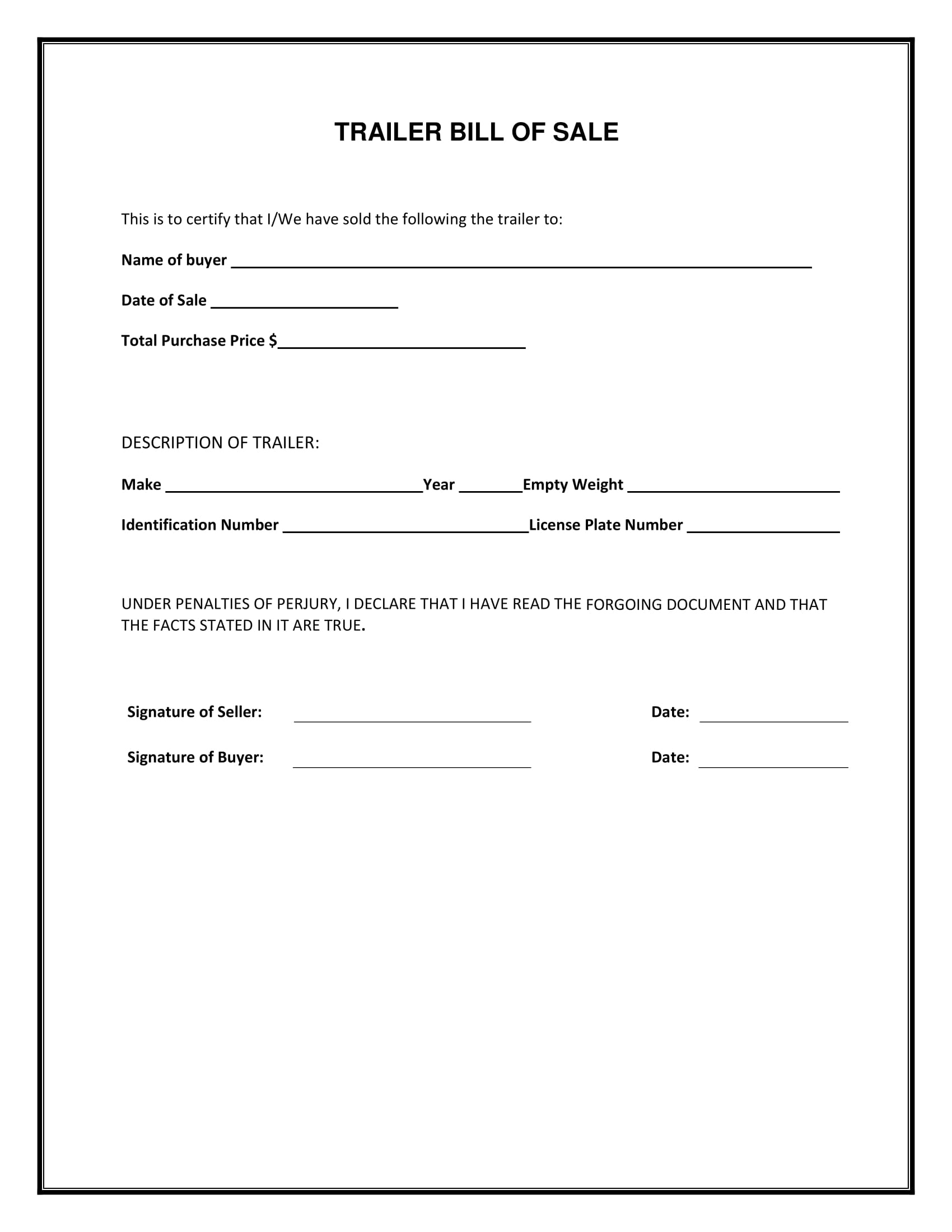 Free Florida Trailer Bill Of Sale Template | Fillable Forms with Free Printable Bill Of Sale For Trailer