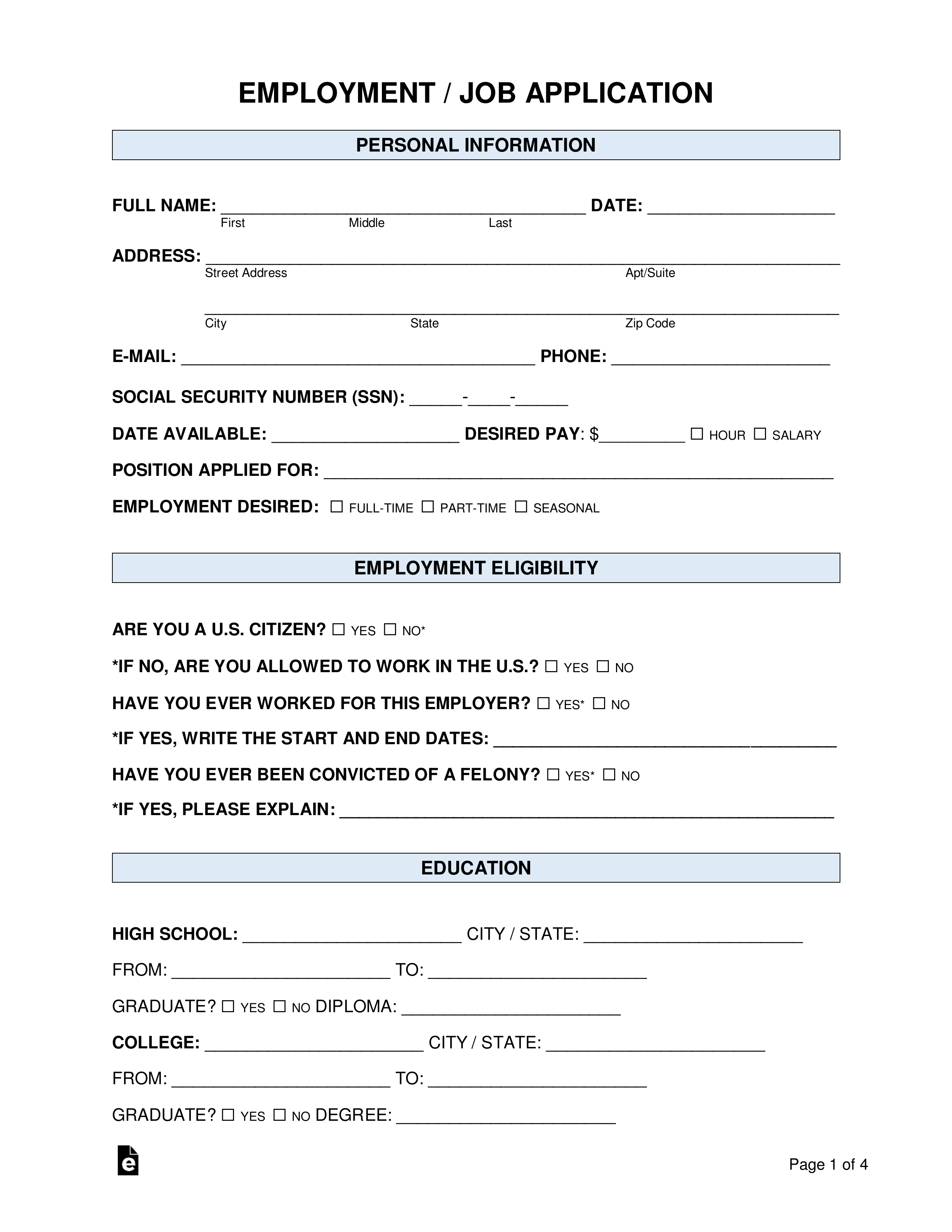 Free Job Application Form (Standard Template) - Pdf | Word – Eforms in Application For Employment Form Free Printable