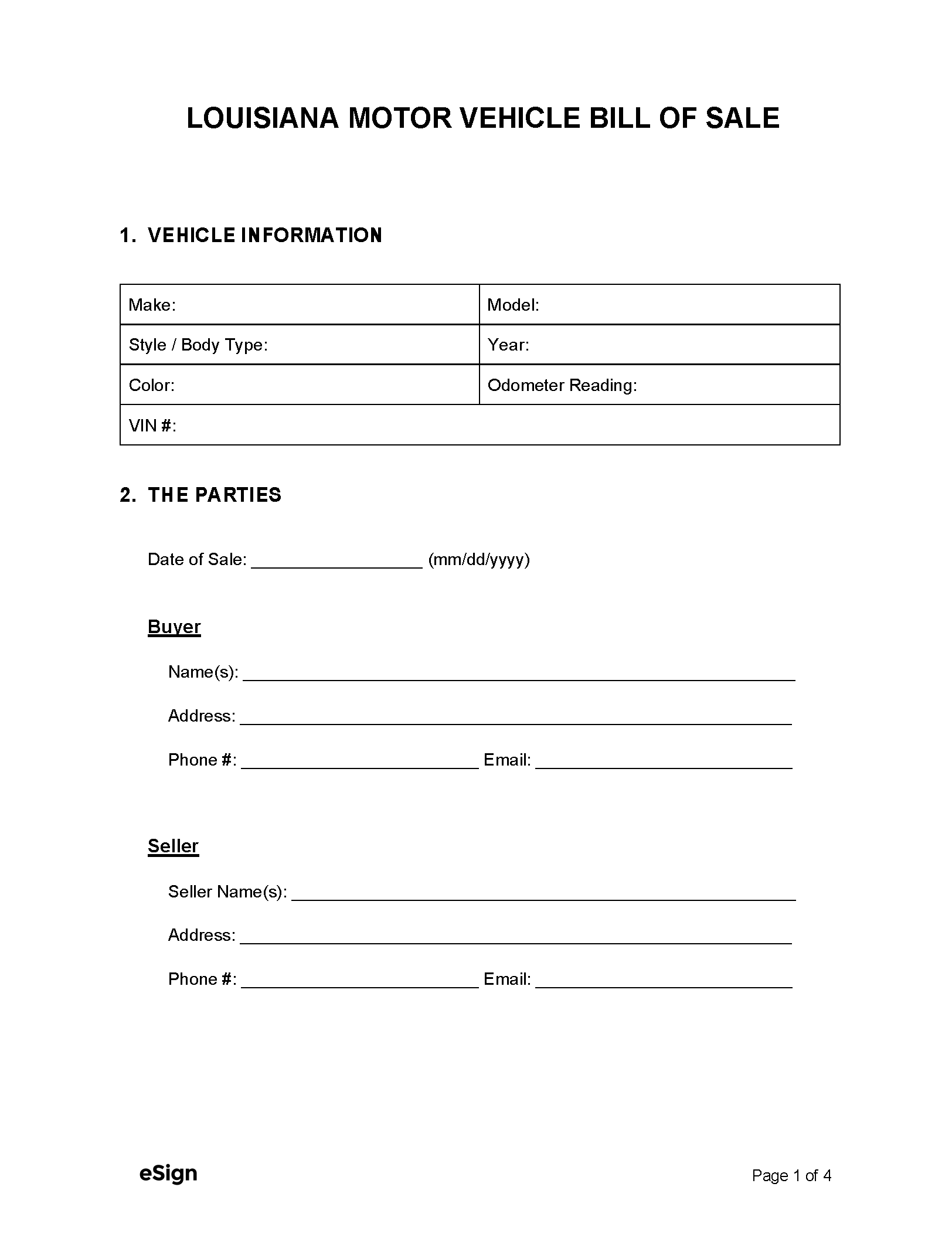 Free Louisiana Motor Vehicle Bill Of Sale Form | Pdf | Word in Free Printable Automobile Bill of Sale Template