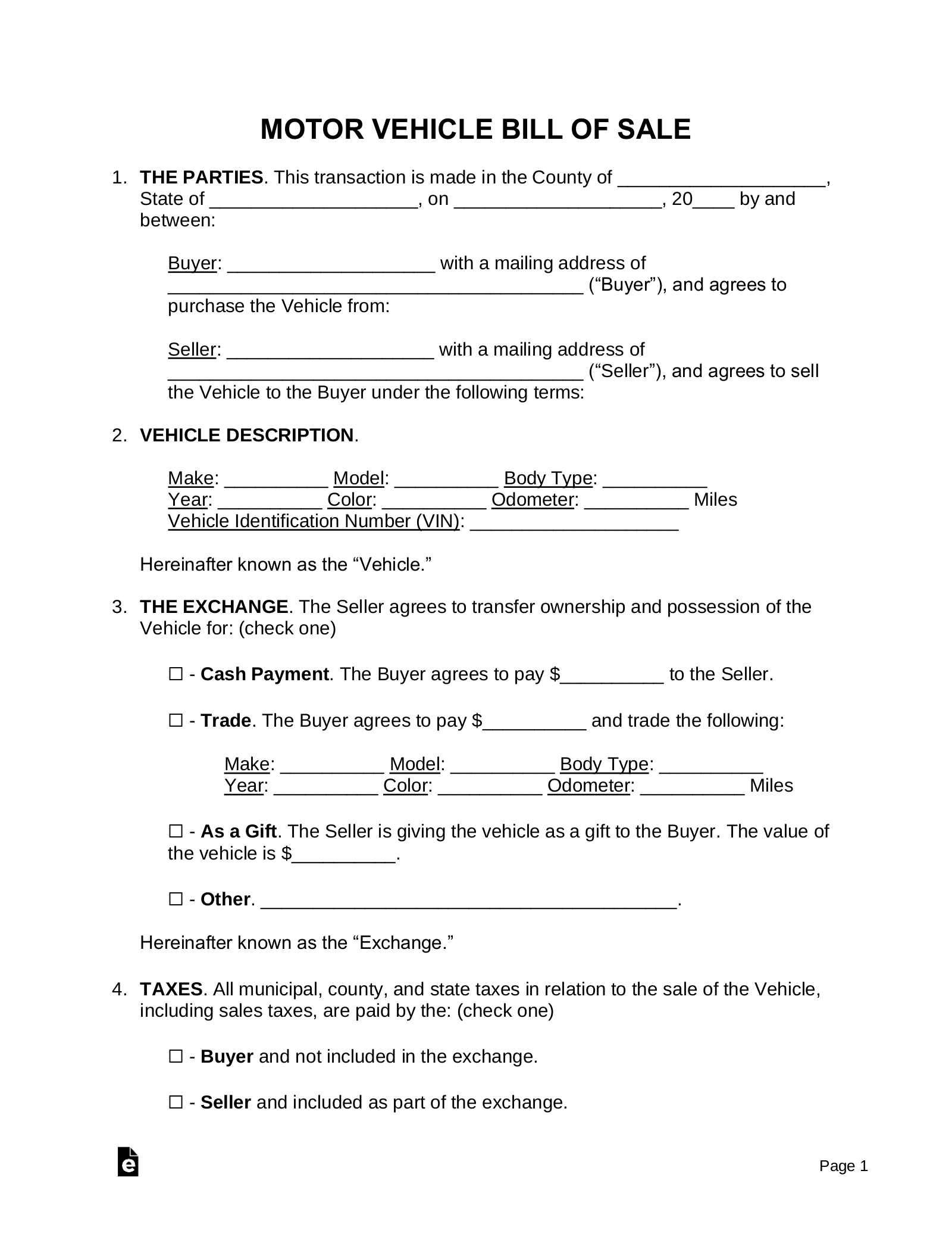 Free Motor Vehicle (Dmv) Bill Of Sale Form - Pdf | Word – Eforms throughout Free Printable Automobile Bill of Sale Template