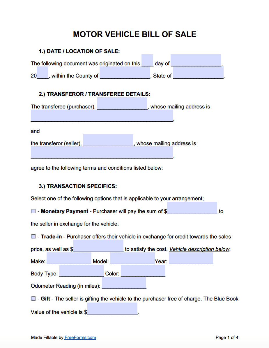 Free Motor Vehicle (Dmv) Bill Of Sale Form | Pdf | Word throughout Free Printable Automobile Bill of Sale Template