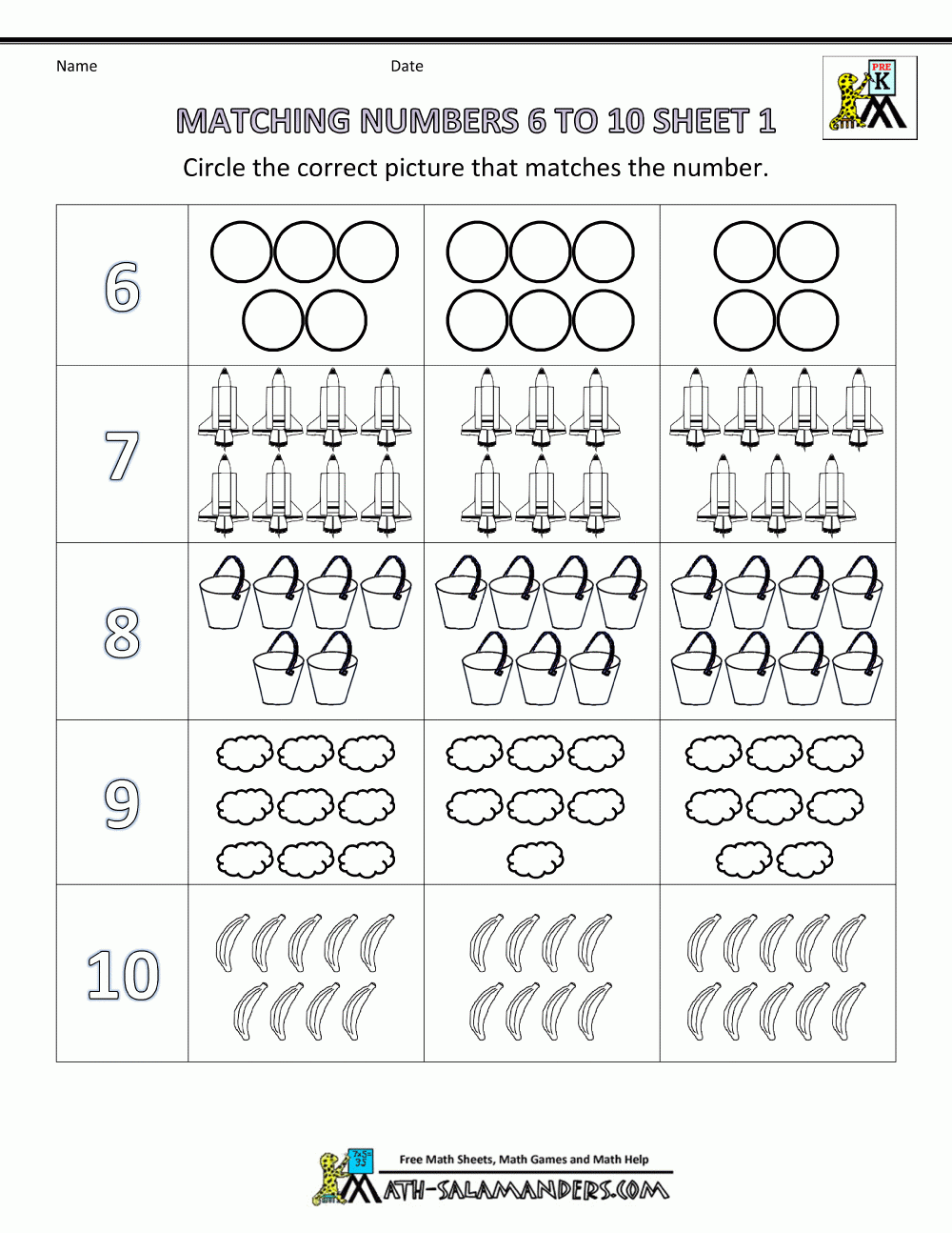 Free Preschool Math Worksheets Matching Numbers To 6 To 10 1 intended for Free Pre-K Math Printables