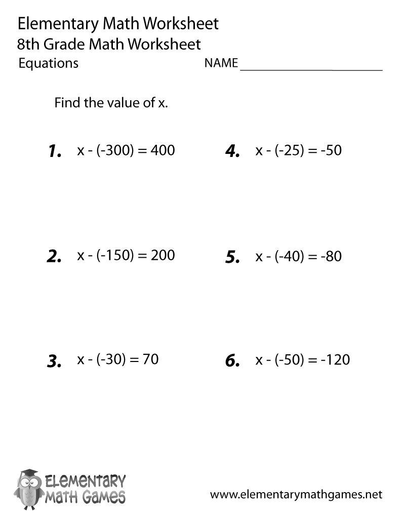 Free Printable Equations Worksheet For Eighth Grade intended for Free Printable 8Th Grade Algebra Worksheets