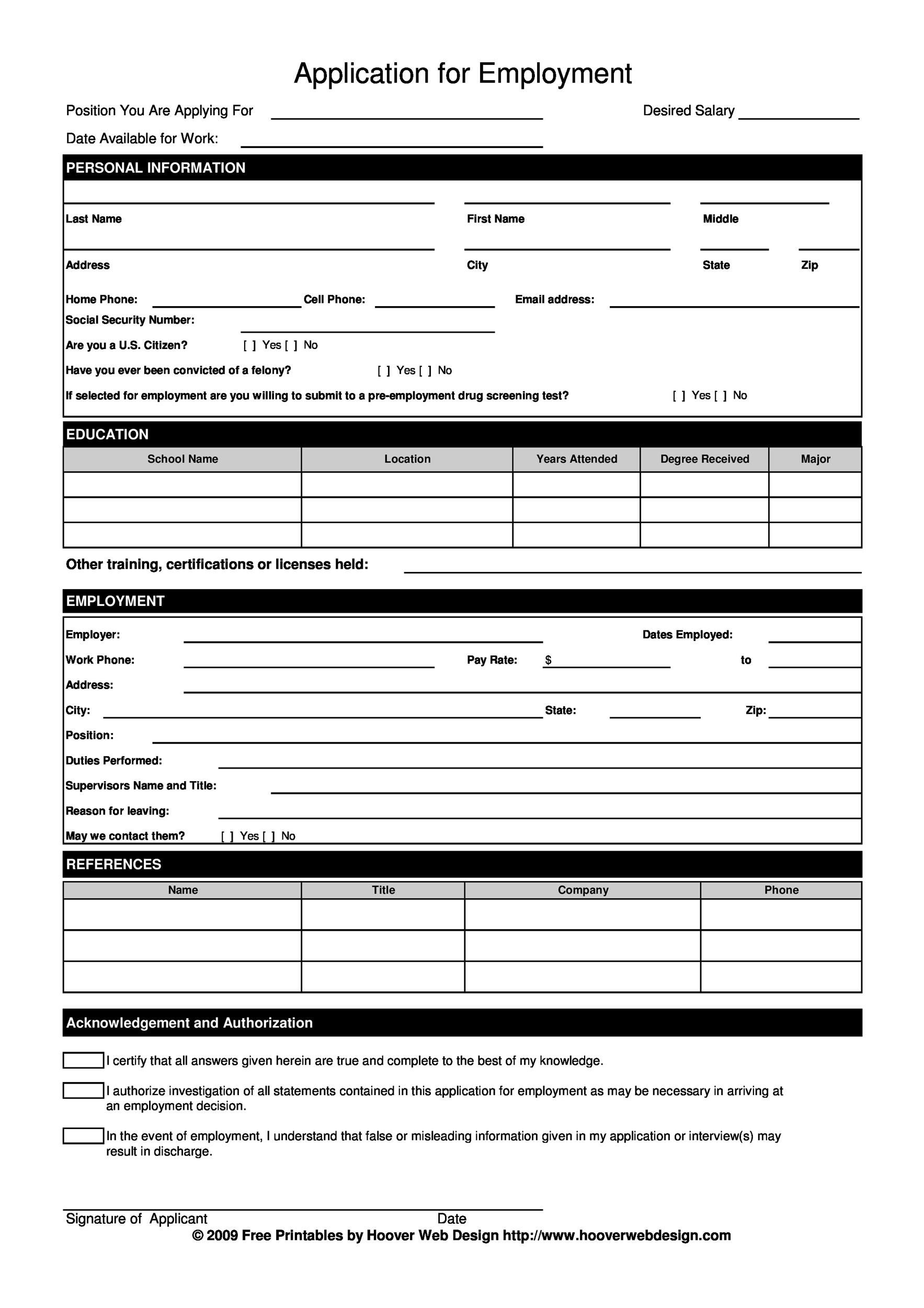 Free Printable Job Application Forms pertaining to Free Printable Application for Employment Template