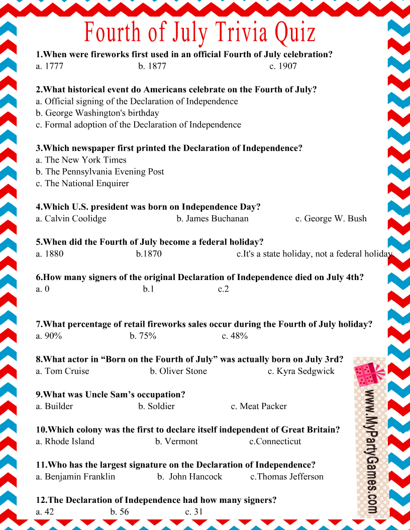 Free Printable Usa Independence Day Trivia Quiz inside Free Printable 4Th Of July Trivia Questions And Answers