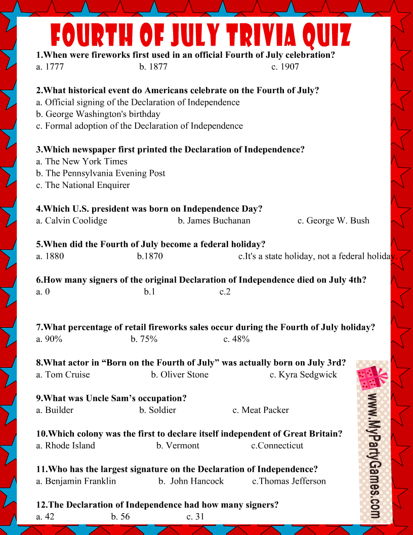 Free Printable Usa Independence Day Trivia Quiz regarding Free Printable 4th of July Trivia Questions and Answers