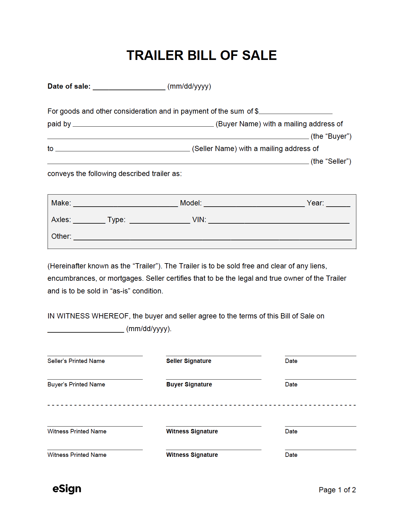 Free Trailer Bill Of Sale Form | Pdf | Word inside Free Printable Bill Of Sale For Trailer