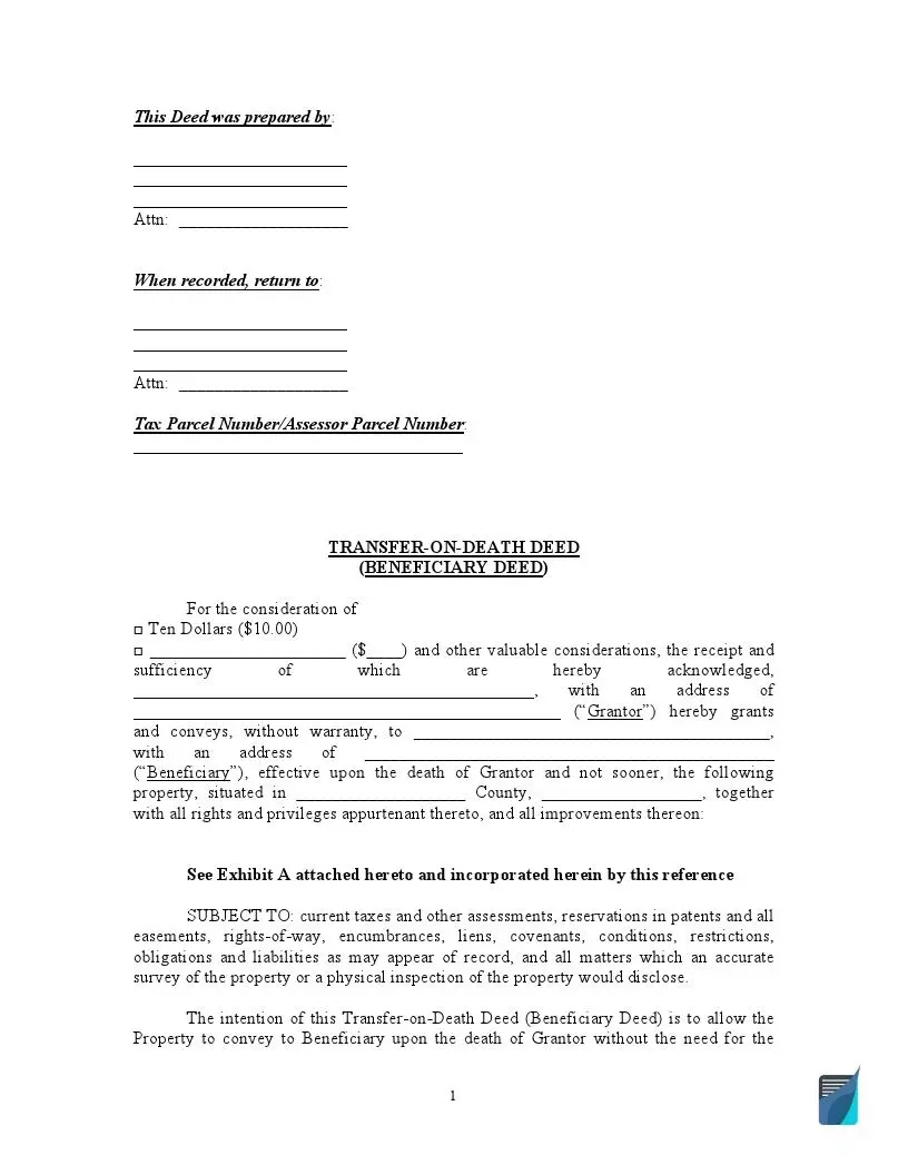Free Transfer On Death (Tod) Deed Form [Pdf Template] within Free Printable Beneficiary Deed