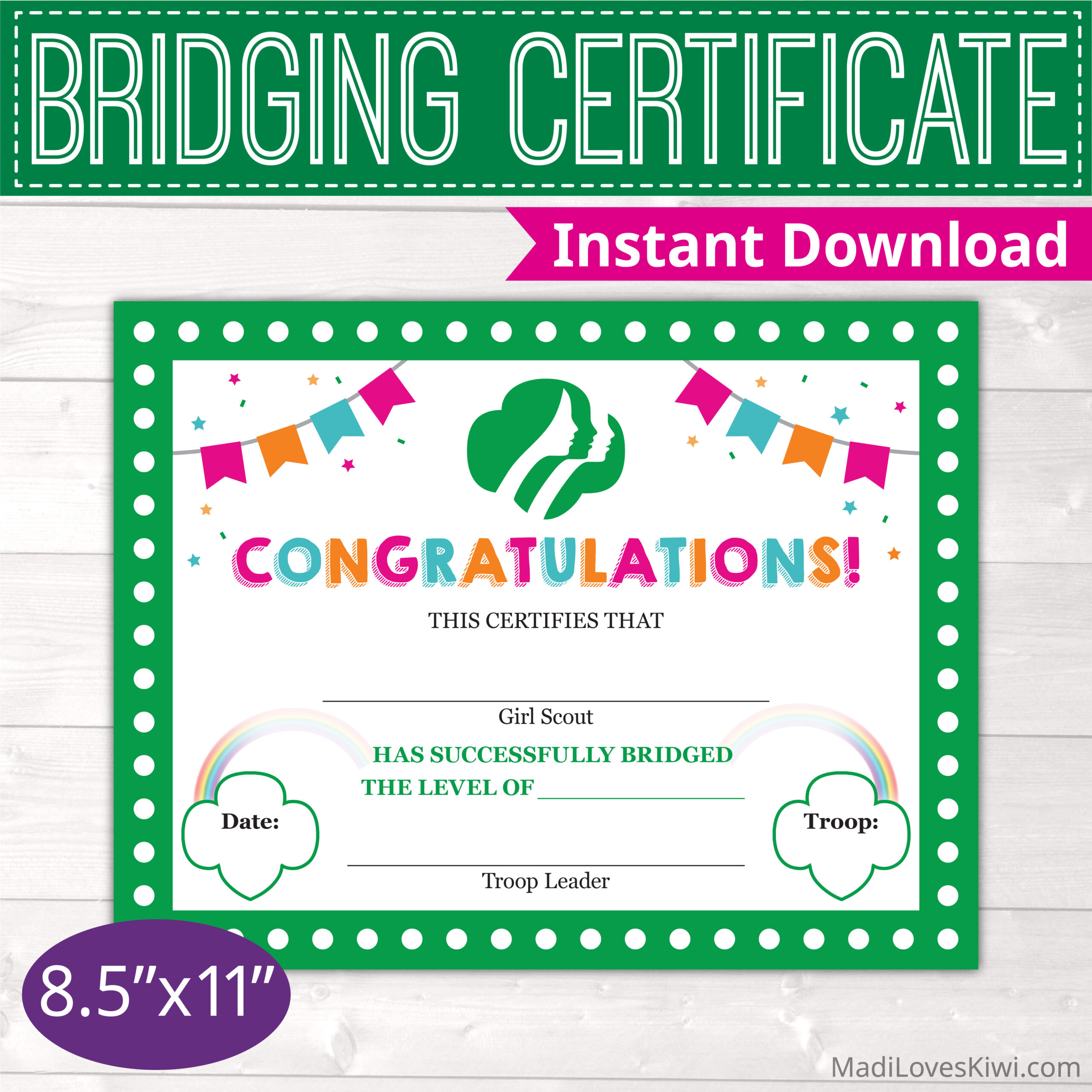 Girl Scout Bridging Certificate Instant Download | All Levels - Daisy Brownie Junior Ceremony intended for Free Bridging Certificate Printable