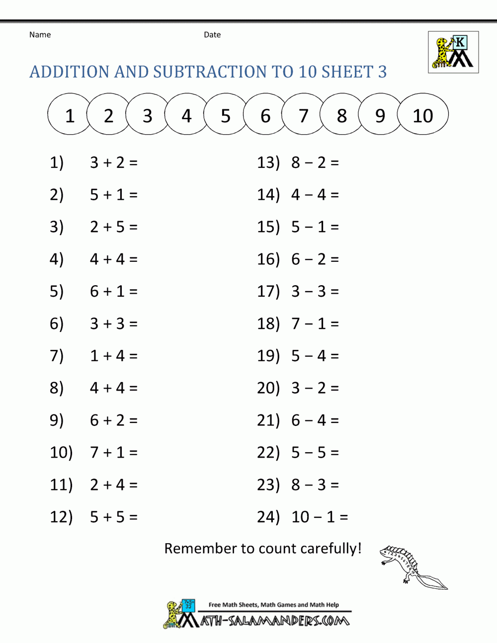 Kindergarten Addition And Subtraction Worksheets in Free Printable Addition and Subtraction Worksheets