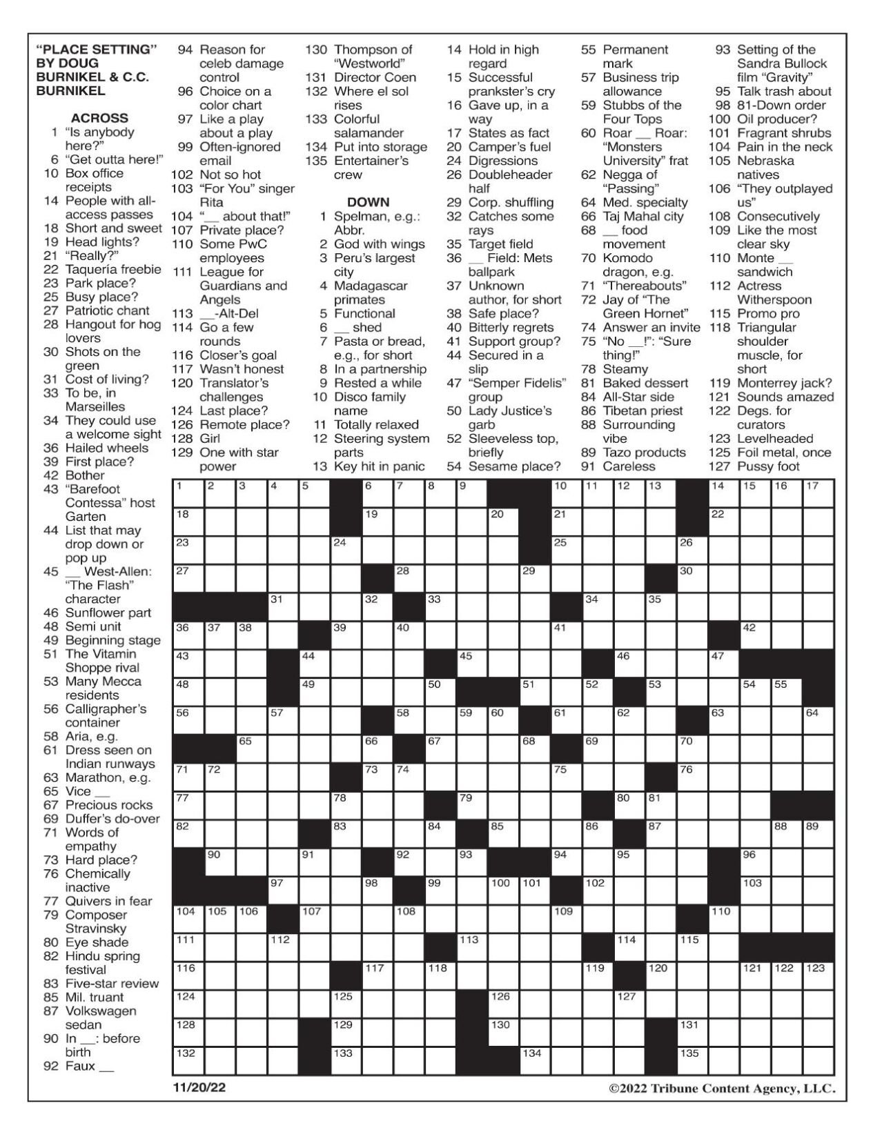 La Times Crossword: Nov. 20, 2022 | Crosswords | Yakimaherald pertaining to Free La Times Crossword Printable