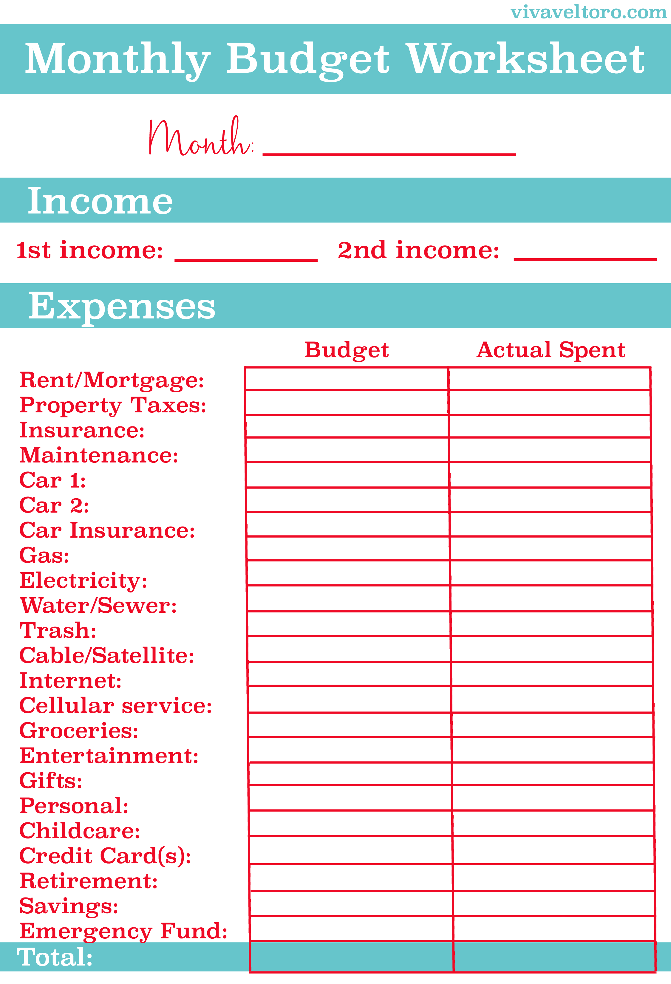 Monthly Budget Worksheet - Free Printable - Viva Veltoro in Free Online Printable Budget Worksheet